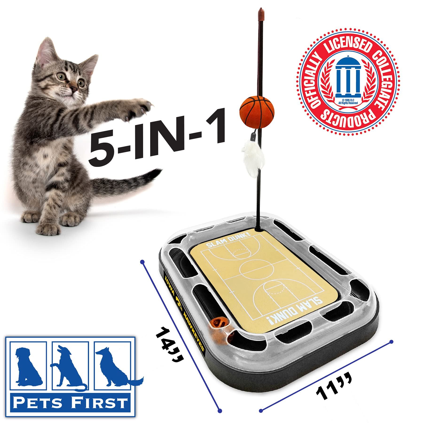 Tiragraffi per gatti NCAA Iowa Hawkeyes Campo da basket giocattolo per gatti con erba gatta riempita di peluche giocattolo da basket e piuma giocattolo per gatti da appendere, con sonaglio interattivo