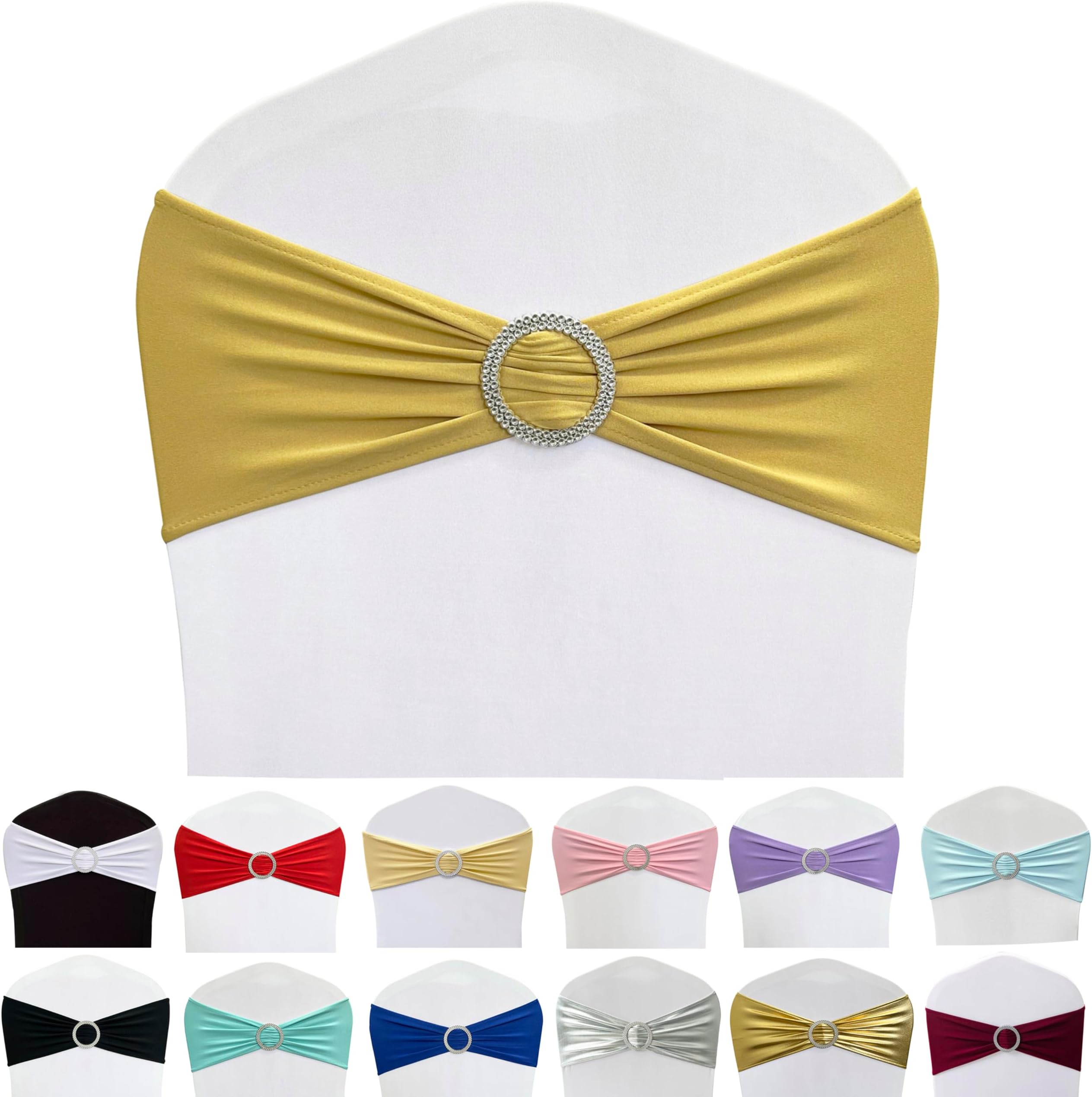 Spandex Chair Sashes Bands 50PCS Stretch Chair Ties Bows with Buckle Slider for Wedding Party Banquet Decoration (Gold)โฆ