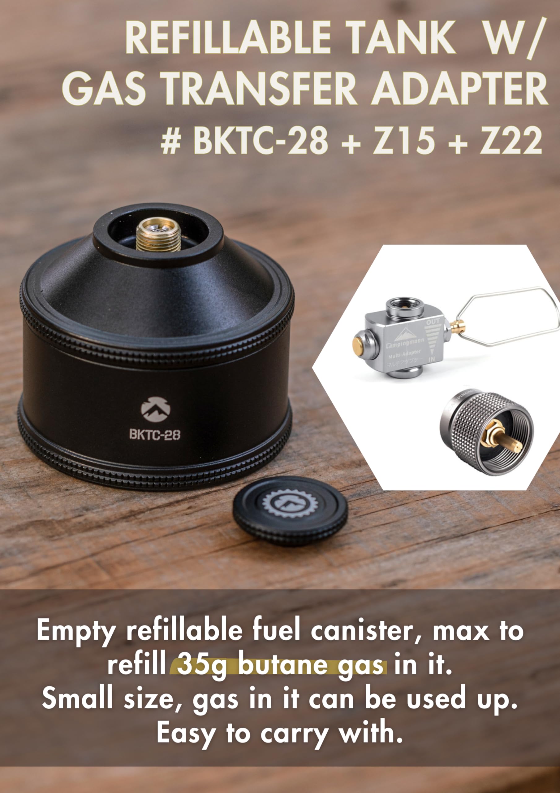 CAMPINGMOON Pusty wielokrotnego użytku kanister gazowy do plecakowych kuchenek kempingowych Paliwo EN417 Zawór Lindal 35g z adapterem do napełniania i adapterem propanu BKTC-28/Z15/Z22..