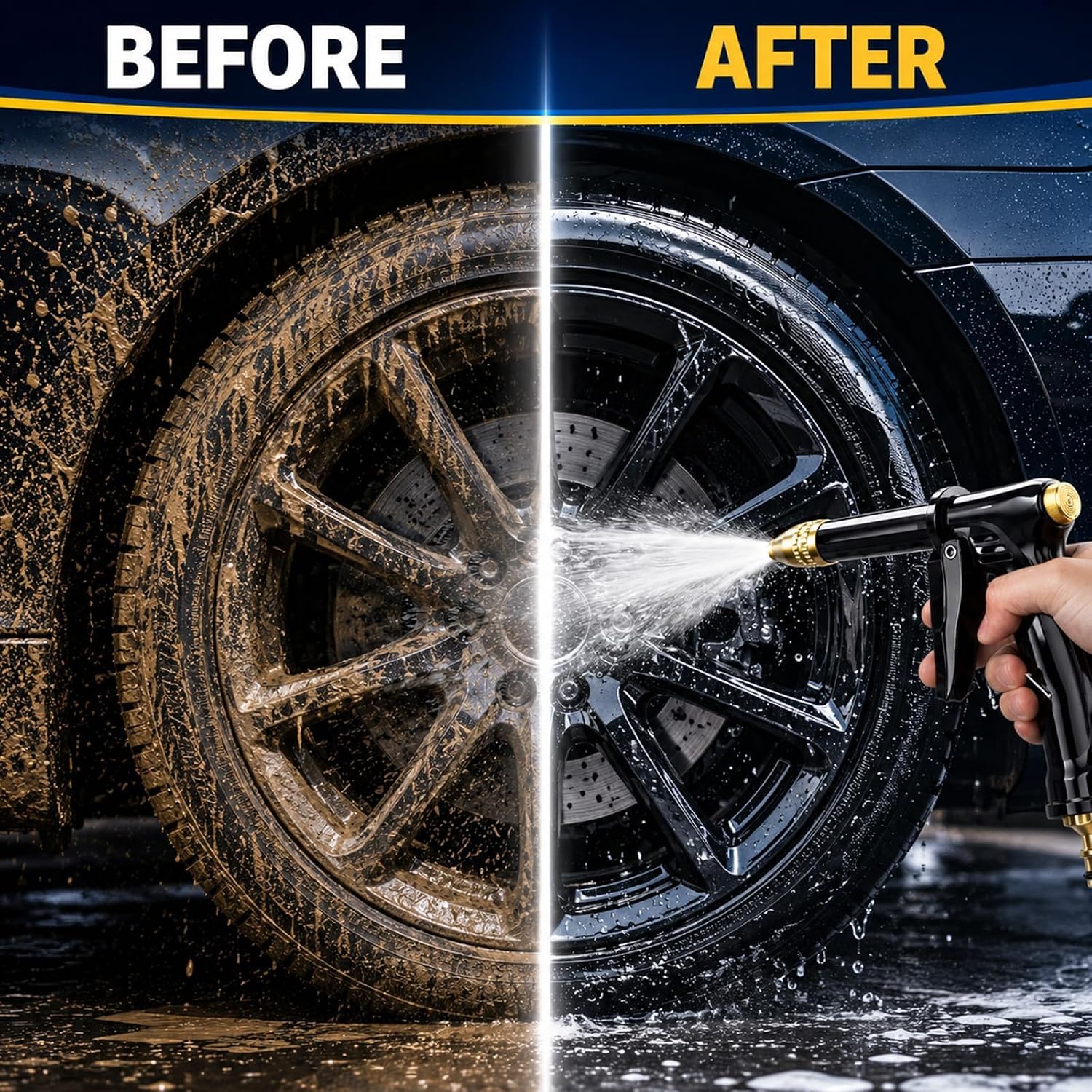 Before and after comparison of a dirty car wheel being cleaned with the Movued Jet Nozzle Power Washer, showing effective dirt removal.