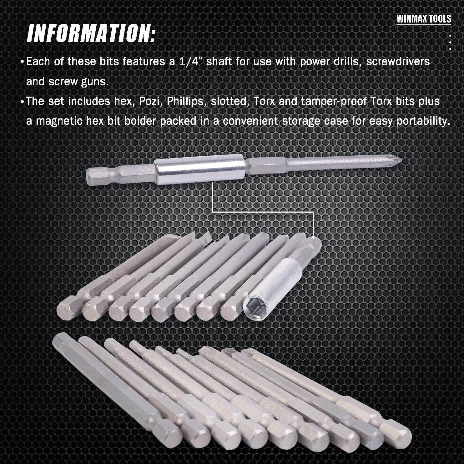 36 Piece 3" Long Screwdriver Bit Set Hex, Pozi, Torx, Tamperproof 1/4" Hex Shank