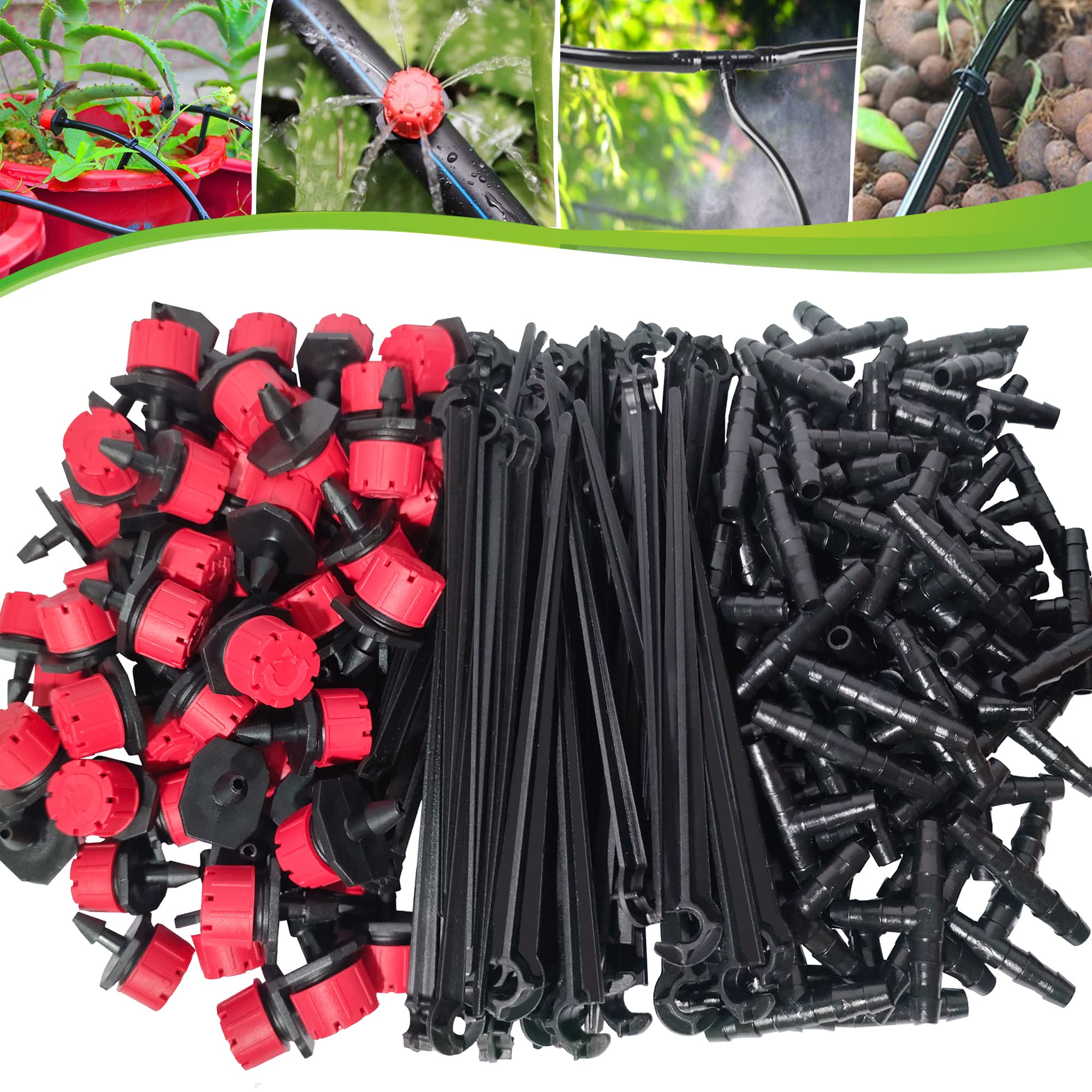 300Pcs Automatic Drip Irrigation Kit Garden Watering System Adjustable Micro Irrigation Drippers, 3 Tee Pipes and Hose Support Stakes for 4/7mm Hose Irrigation System