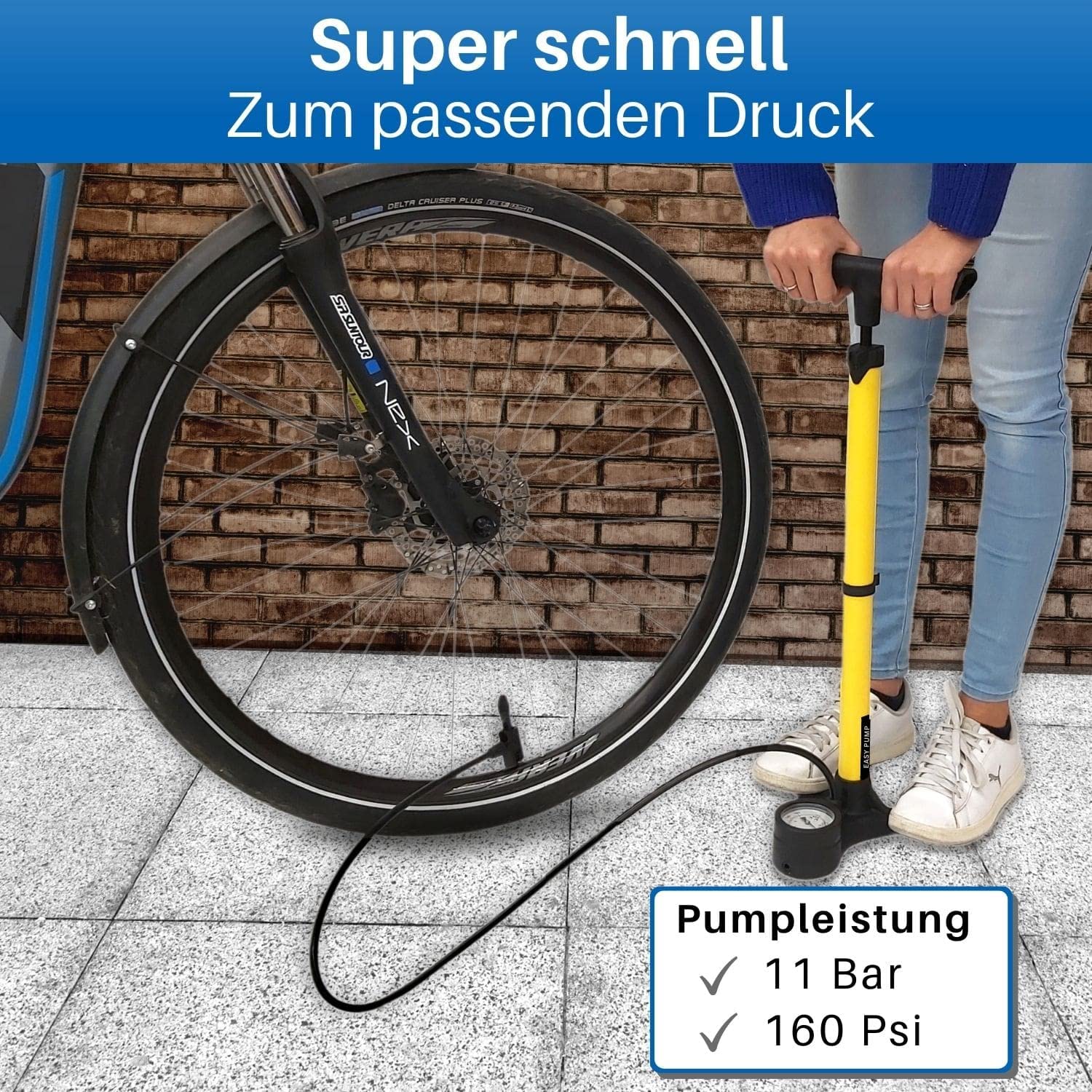 HiLo sports Bomba de aire de pie para bicicleta – [Se adapta a todas las válvulas] – Bomba de bicicleta de 11 bar con manómetro grande – Bomba de pie para bicicleta de acero lacado