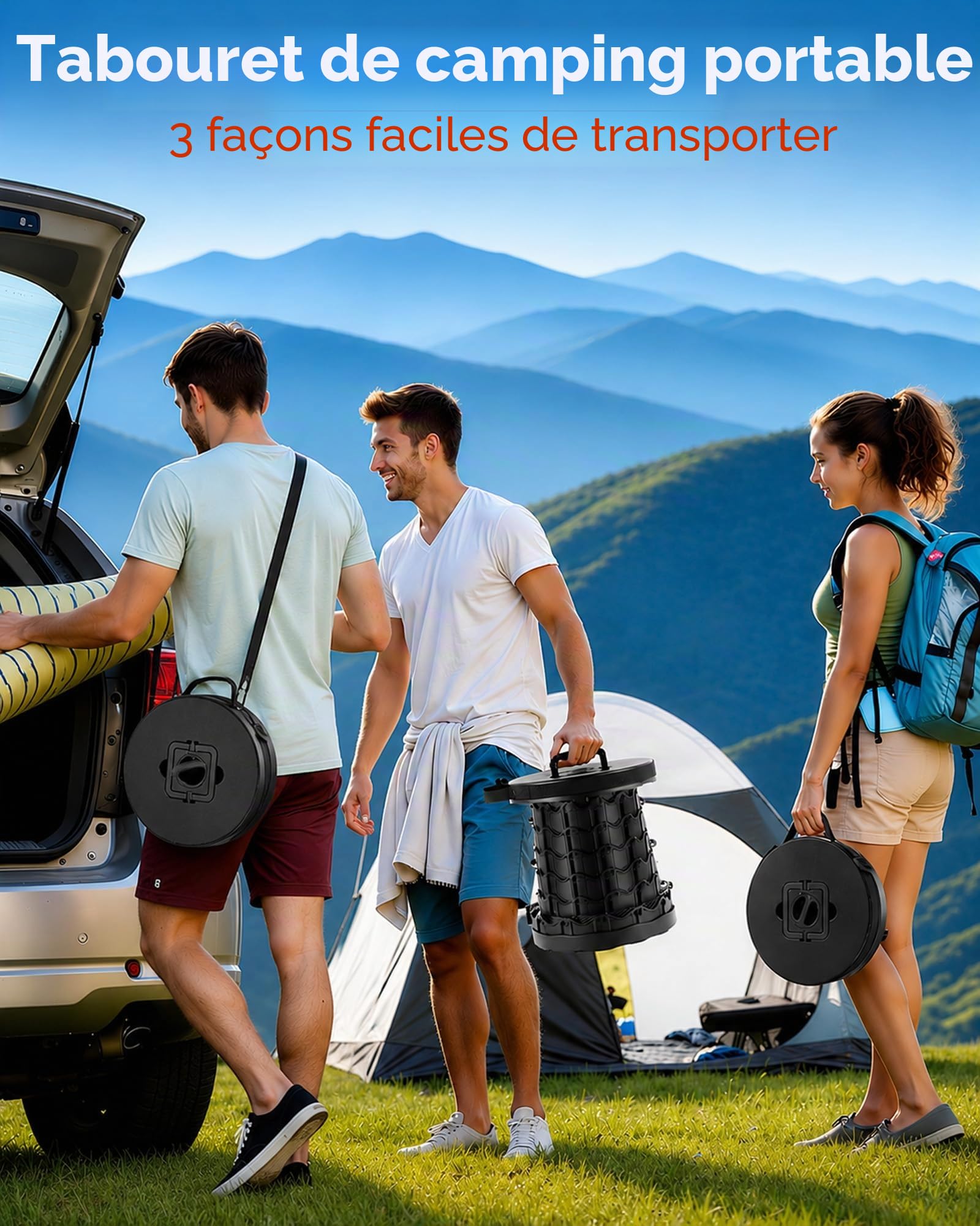 Portable Tabouret Pliant, Haut et Large Améliorés Tabouret Reglable en Hauteur pour l'Exterieur, Camping, Barbecue, Randonnée & Pêche