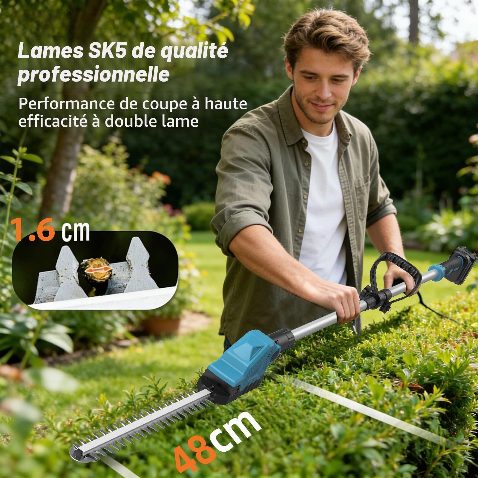 Taille Haie Electrique Telescopique 2,6 m, Taille-Haies sur Perche sans Fil avec 2 * Batteries 4,0Ah, Lame Double Action 48 cm, Tête Pivotante 135° Réglable, Taille-Haies Électriques pour Haies Hautes