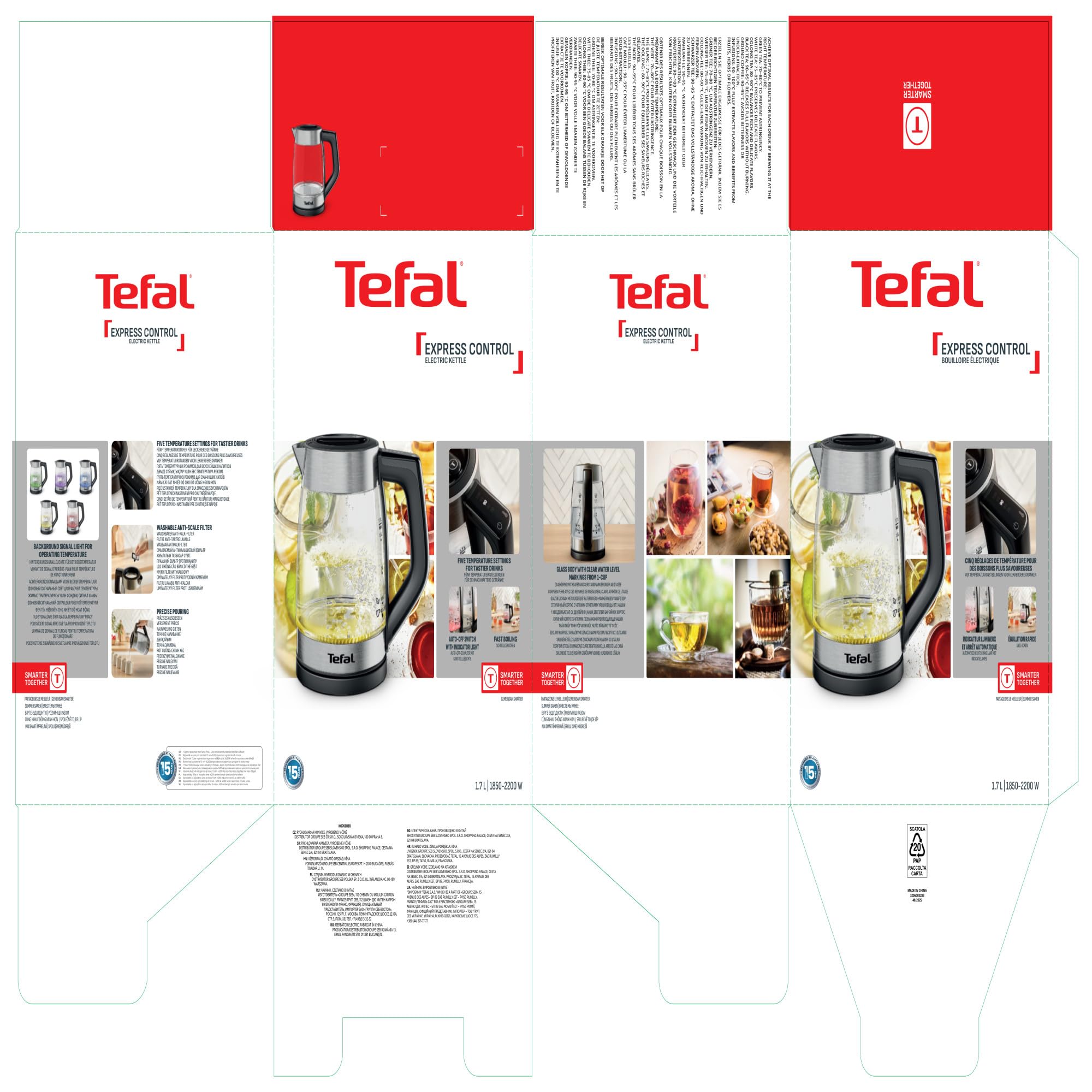 Tefal Express, Bollitore Elettrico In Vetro, Controllo Dal Manico, 1.7 L, 5 Livelli Di Temperatura, Monitoraggio In Tempo Reale, KO760DE0