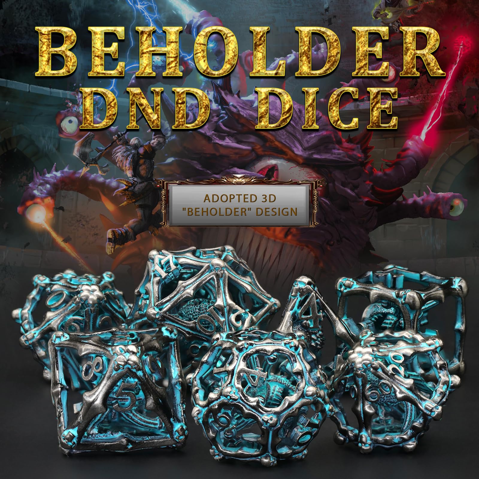 Beholder DND Dice Set, Eye Monster Metal Dice, ZHOORQI 7PC/Set Polyhedral Dices for Dungeons and Dragons D&D Gifts(Eye-Retro Blue) - Image 3