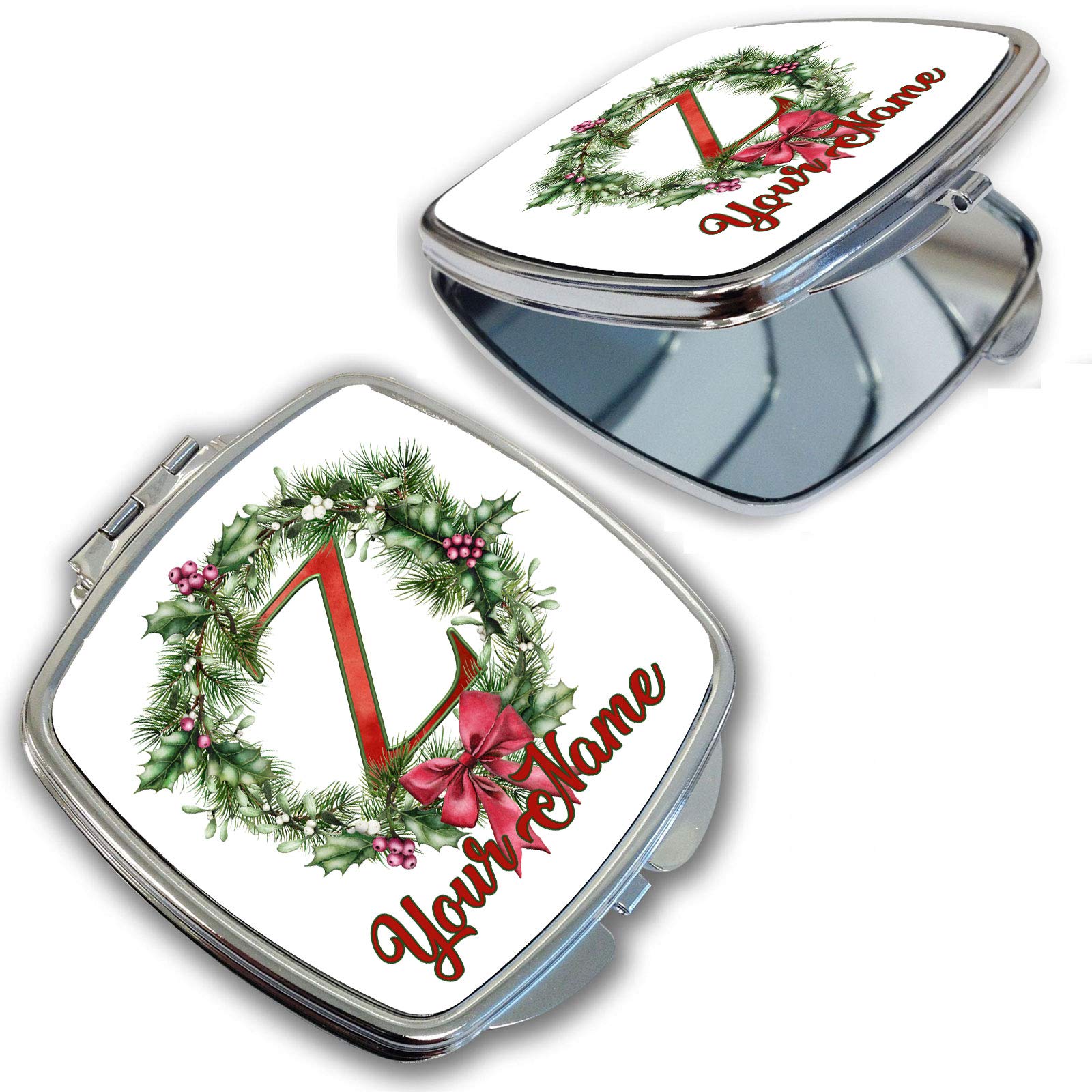 BRGiftShop Personalized Custom Name Christmas Watercolor Wreath Monogram Letter Z Compact Pocket Cosmetic Mirror
