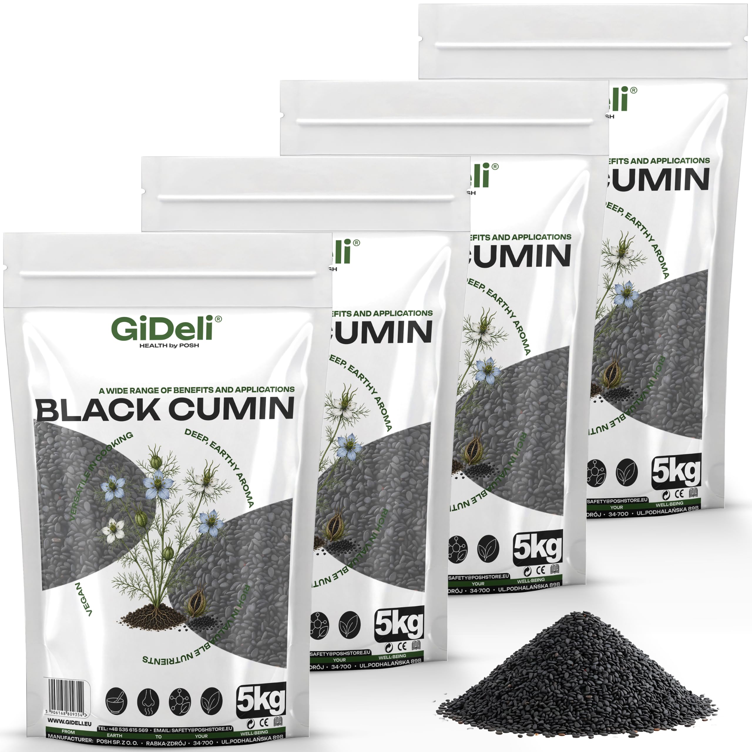 GiDeli Schwarzkümmel Ganz 4x5kg - Echter Nigella Sativa aus Syrien - Tiefes Erdiges Aroma, Schonend Verarbeitet - Frische Ganze Schwarzkümmelsamen Vegan für Brot, Salate, Joghurt & Tee
