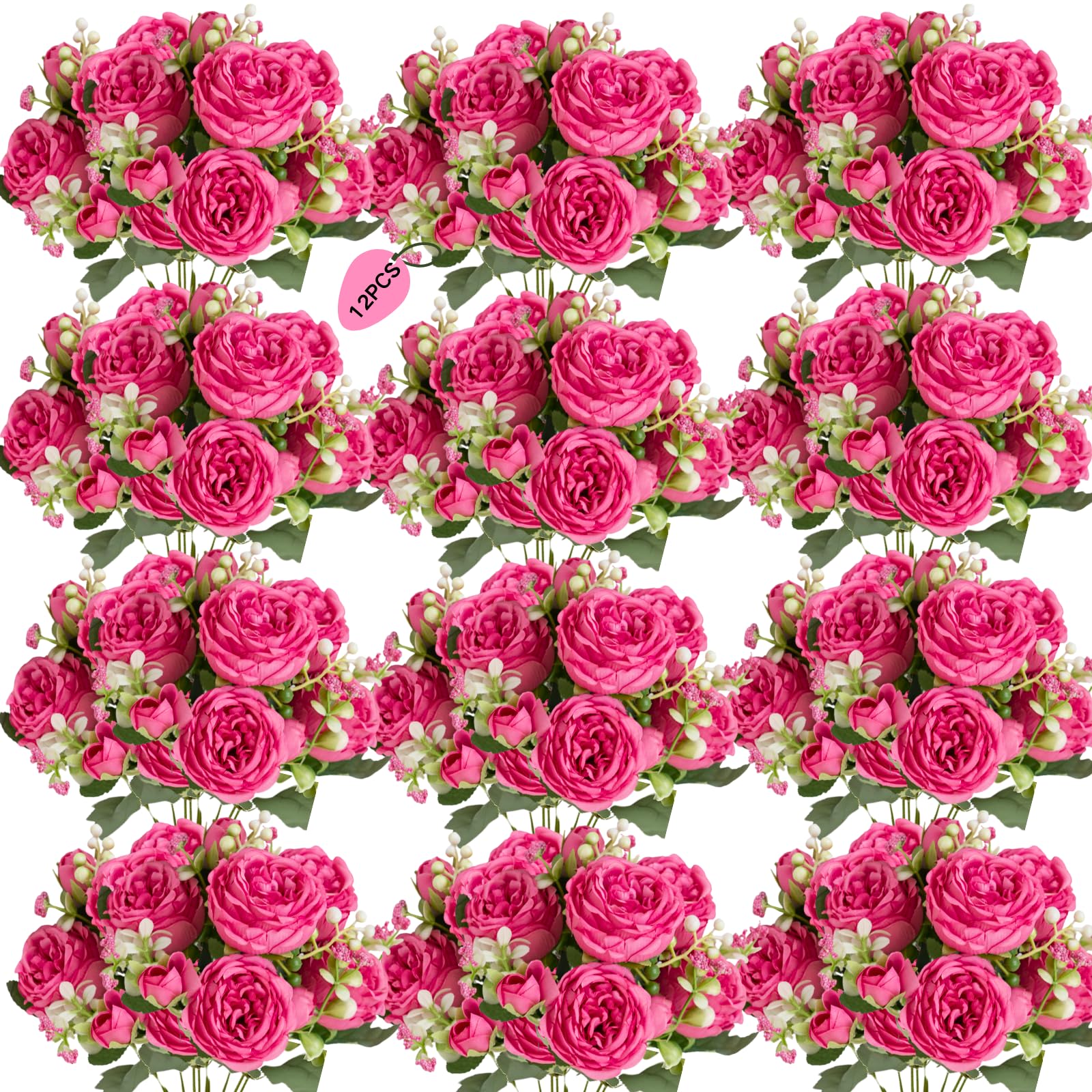 Photo 1 of ASTRYAS 12Pcs Hot Pink Artificial Flowers, Faux Silk Peonies Peony Bouquet