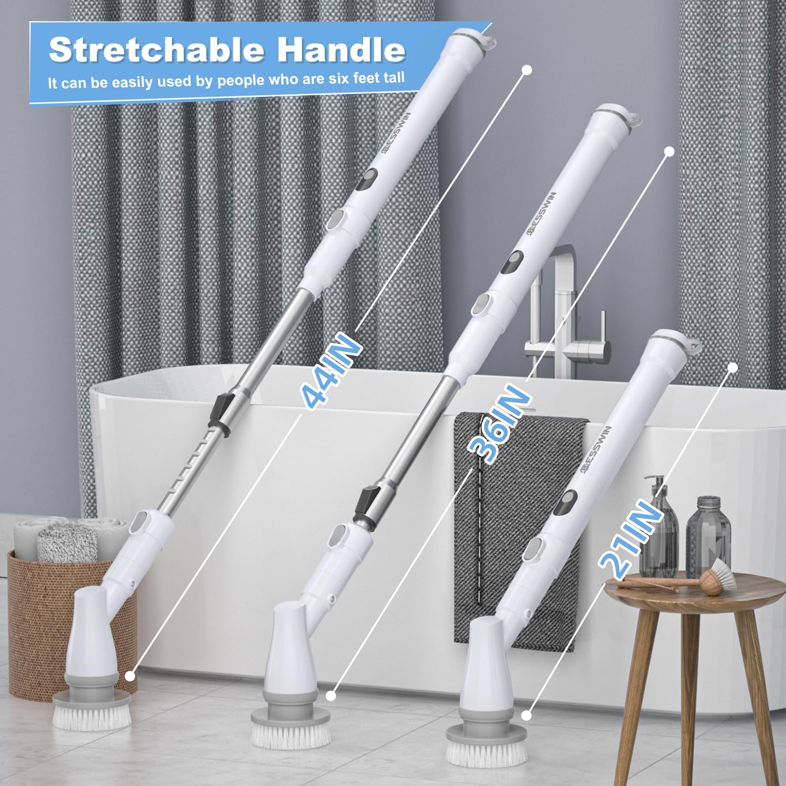 Besswin Electric Spin Scrubber, Cordless Shower Cleaner Brush with Adjustable Extension, 4 Replaceable Cleaning Heads, Power Shower Scrubber for Bathroom, Tub, Tile, Floor White