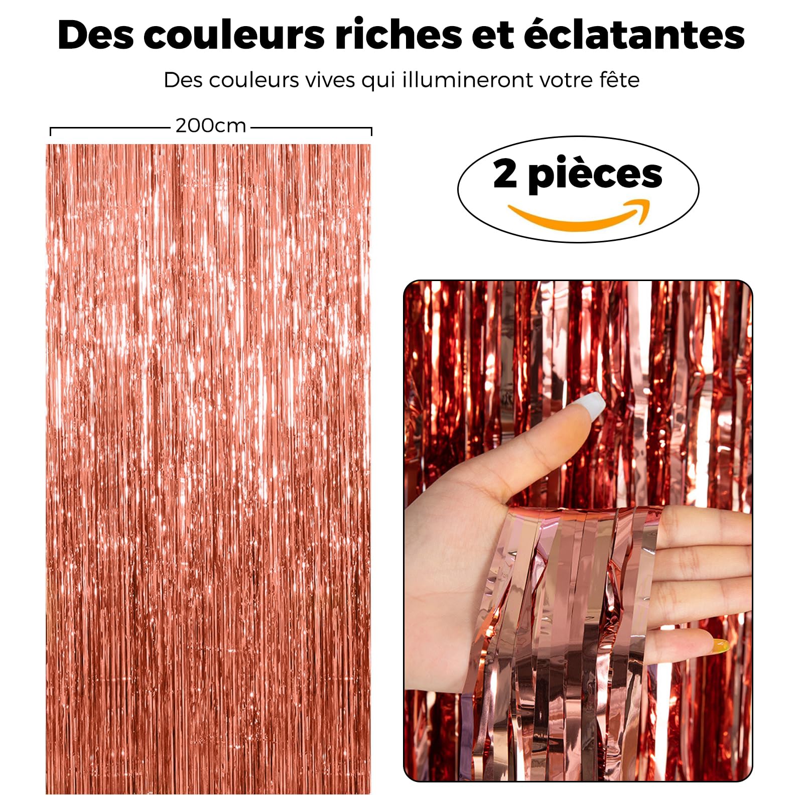 2 Rideaux Métallique Rosegold Brillant Tinsel （1×2m）, décoration en Feuille de Paillettes pour Le Nouvel an, fête de Marriage, Decoration Anniversaire Rideaux à Franges en Aluminium