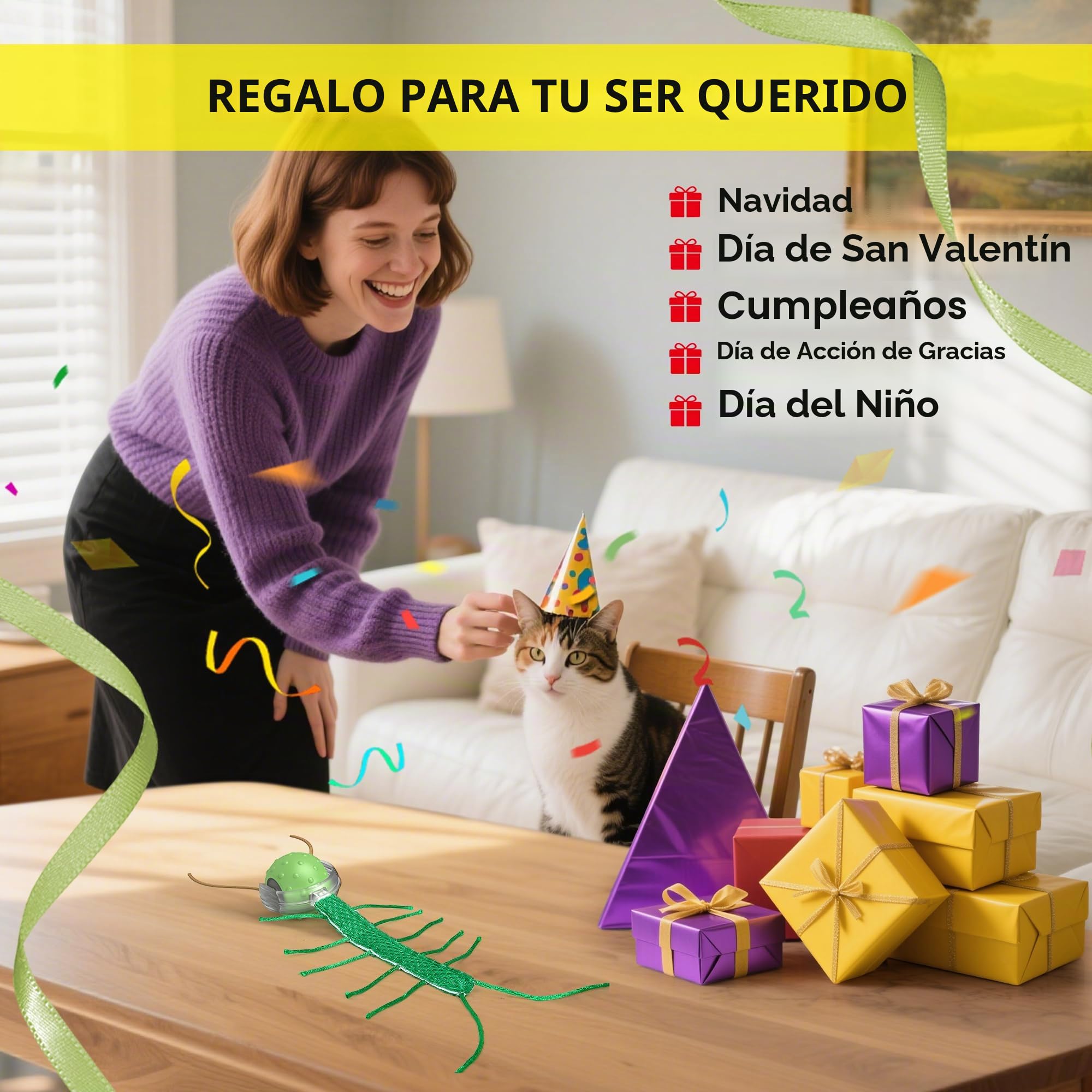 Juguetes para Gatos Adultos Interactivos con Movimiento Móviles Navidad - Juguete Pelota Automático 3 Velocidades, USB-C, Silencioso, Fun para Interior Día de los Reyes Magos‌ (Verde)