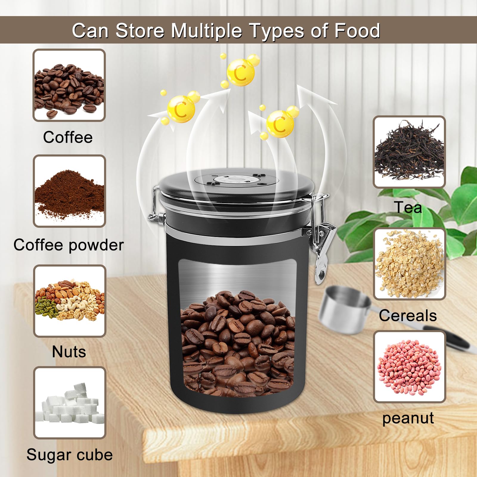 LWMTT Contenitore ermetico in acciaio inox, 1,8 l, con valvola di scarico, per chicchi di caffè, noci, cacao (BK)