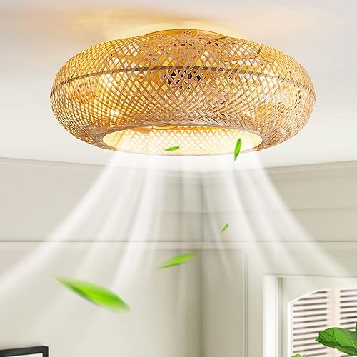 20 Inch Boho Caged Ceiling Fan with Light Flush Mount, Enclosed Rattan Ceiling Fans with Lights and Remote Control,Low Profile 6 Speeds for Bedroom, Living Room
