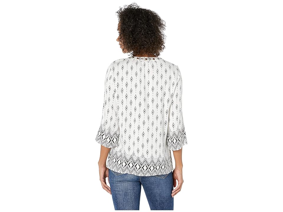 

Tribal Printed Stretch Challis 3/4 Bell Sleeve Blouse w/ Eyelets (Chalk) Women's Blouse, White