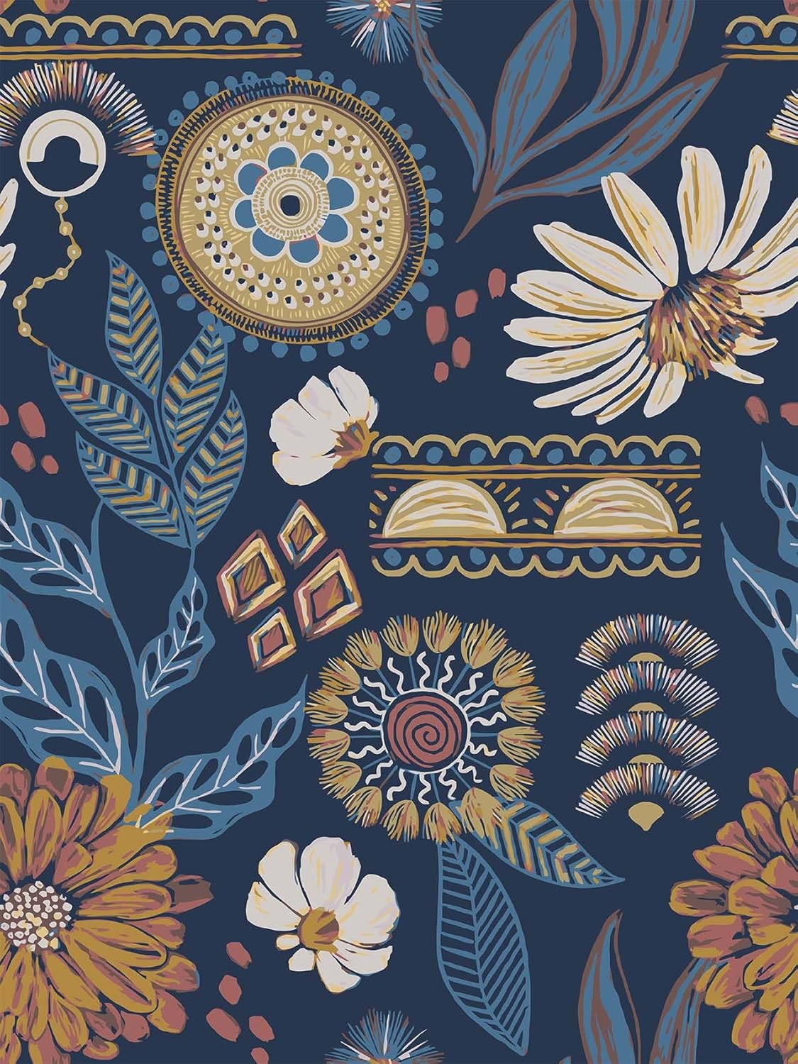 Blue Boho Peel and Stick Wallpaper Vintage Floral Botanical Removable Self Adhesive Vinyl Wallpaper Waterproof for Bathroom Bedroom Walls 17.7" x 118"