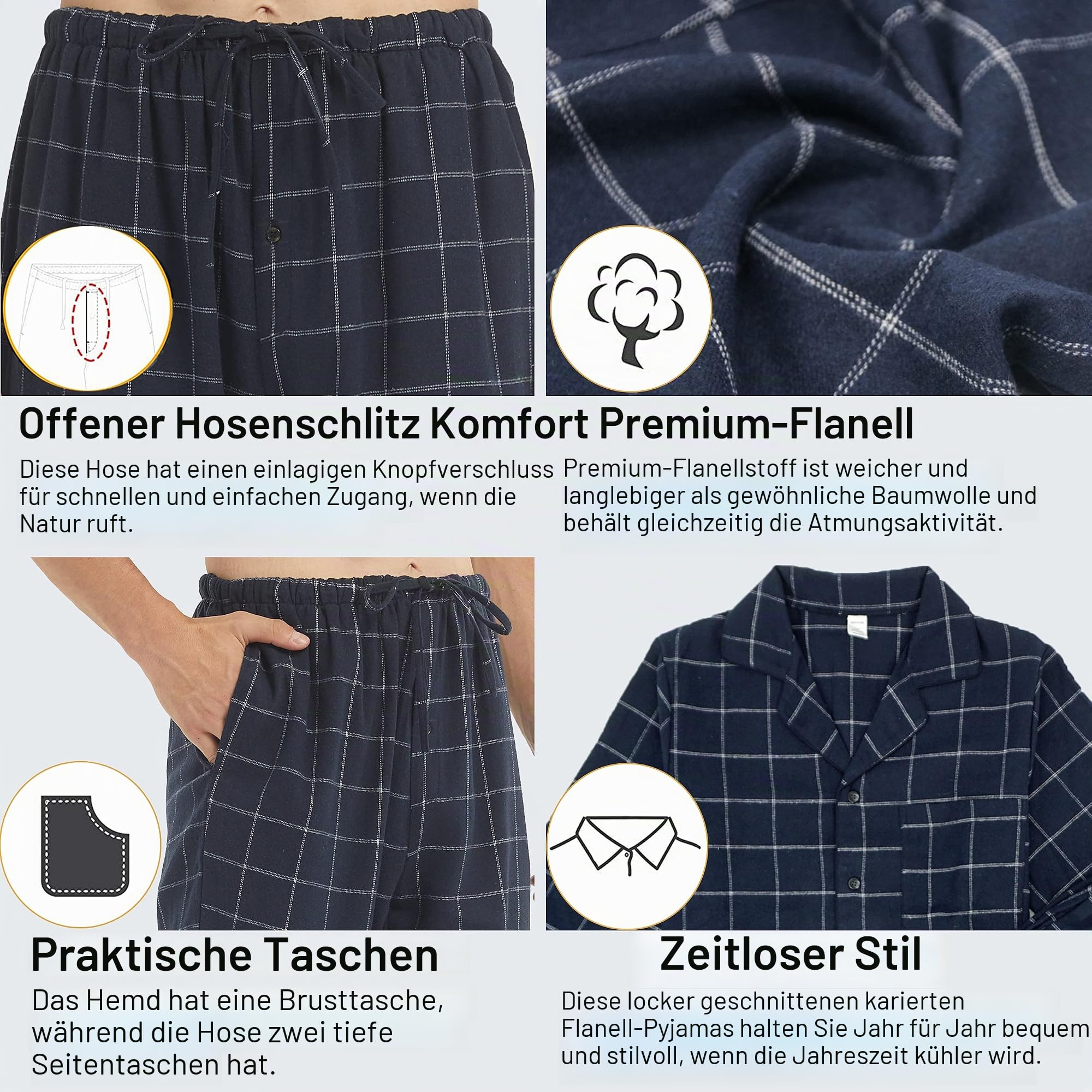 YUSHOW Schlafanzug Herren Lang Zweiteiliger Flanell Baumwolle Winter Karierte Schlafanzüge Ultraweiche Langarm Oberteil Weich Pyjamahose mit Tasche Männer Pyjama Set