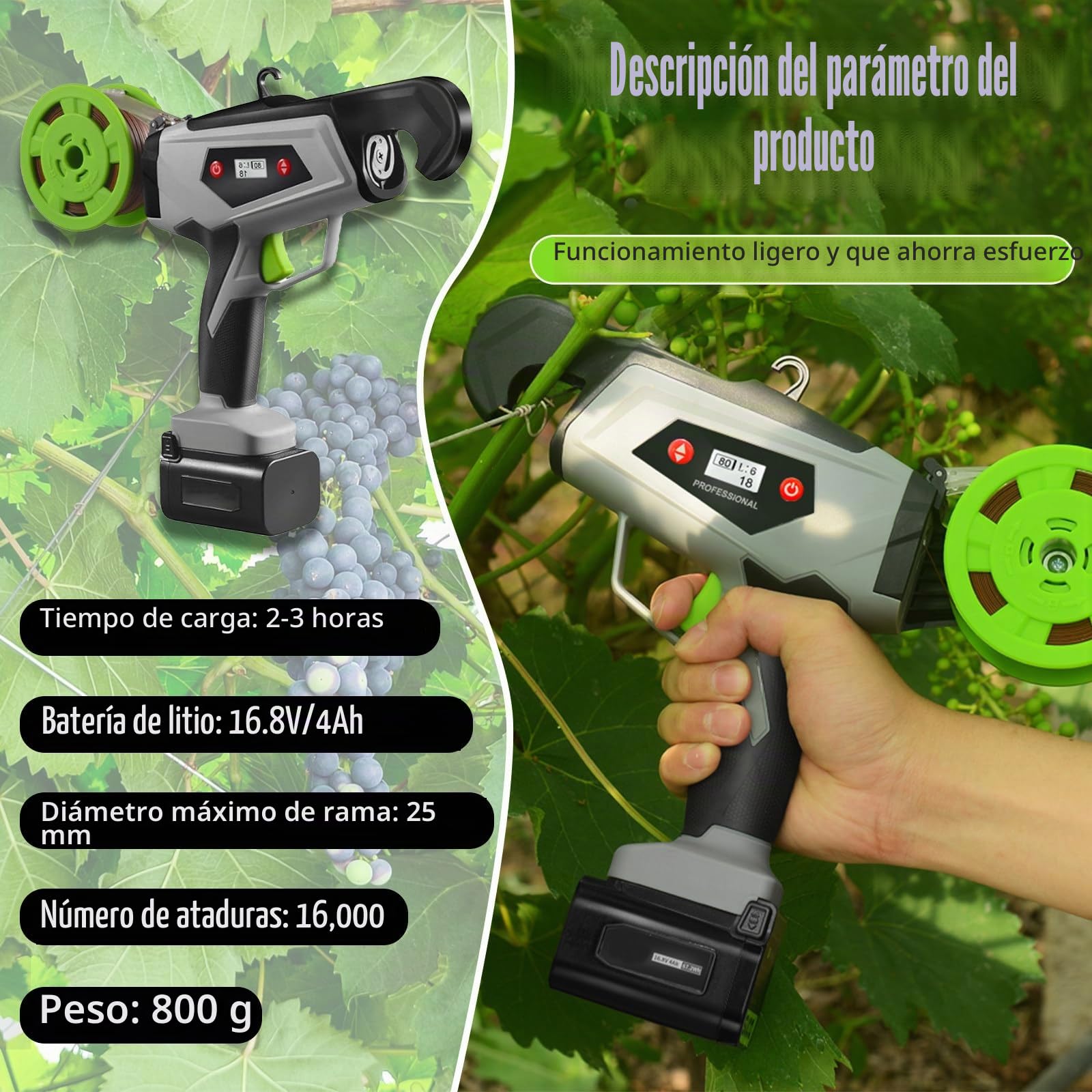 SHAHRYAR Atadora De Plantas Portátil, Eléctrica, Diámetro Máximo De Flejado: 25 Mm, Ajuste De Anilla De 6 Velocidades, para Jardinería, Agricultura Y Viñas.