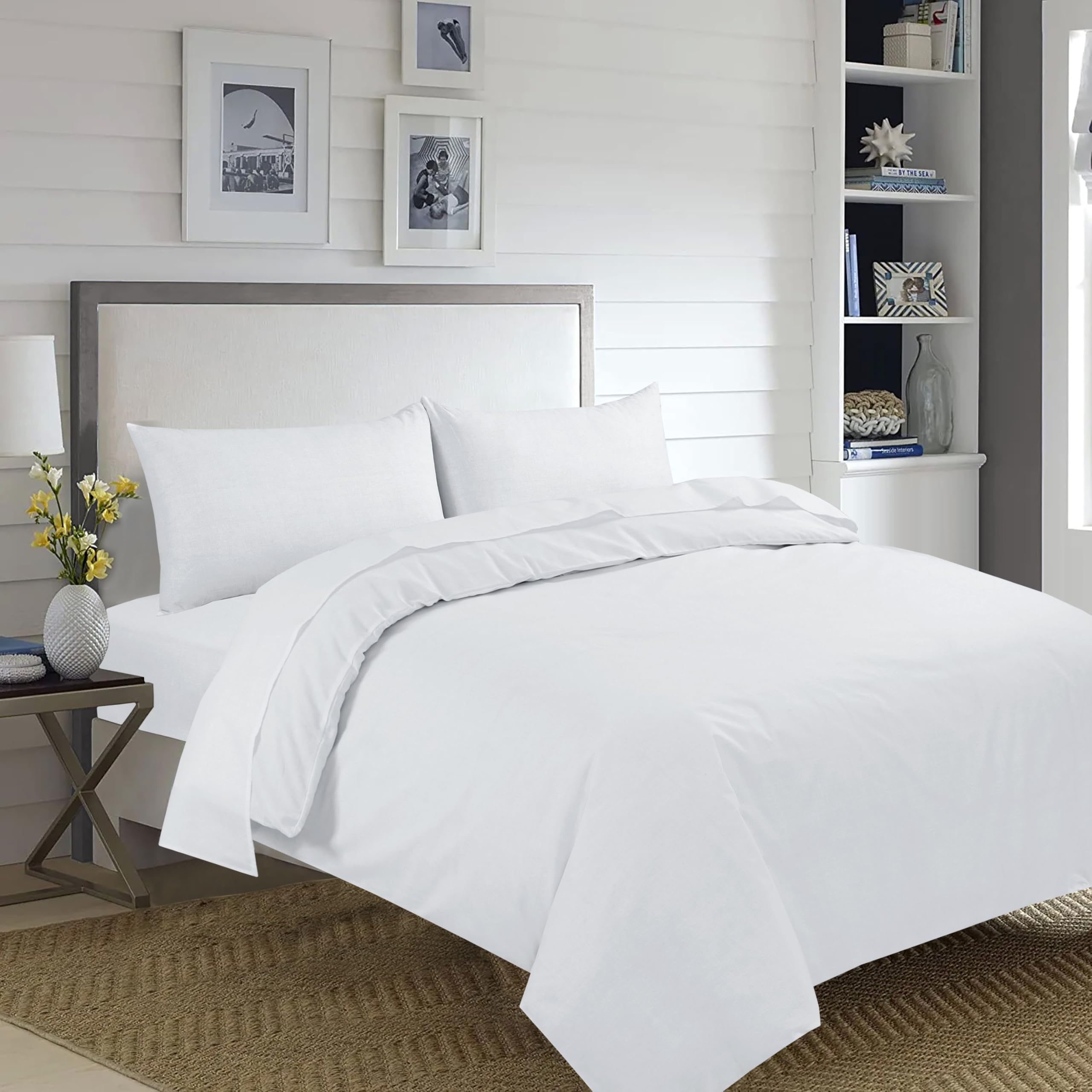 Home Living NON IRON Luxury Easycare Plain Dyed Duvet Cover & Pillow Case(s) Bedding Set (White, King Size Complete Set)