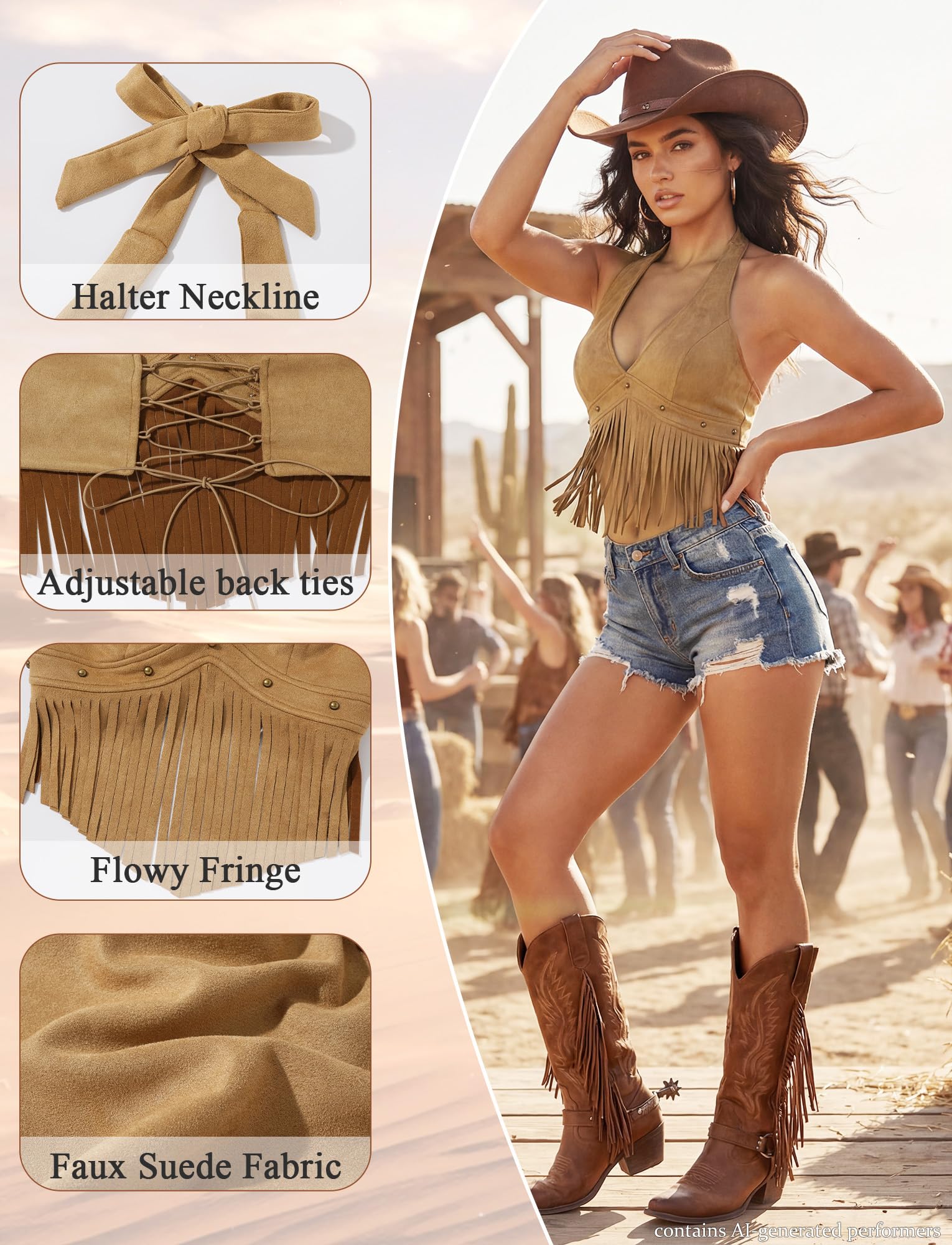 Maeau Top da donna in finta pelle scamosciata con scollo all'americana sexy crop top western Y2K top anni '70 gilet con frange gilet estivo canotta corta con nappe senza maniche XS-L