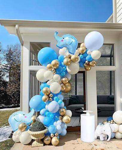 Kit de guirnalda de arco de globos de elefante para baby shower, 121 globos de elefante azul y dorado marfil blanco y aluminio para decoraciones de