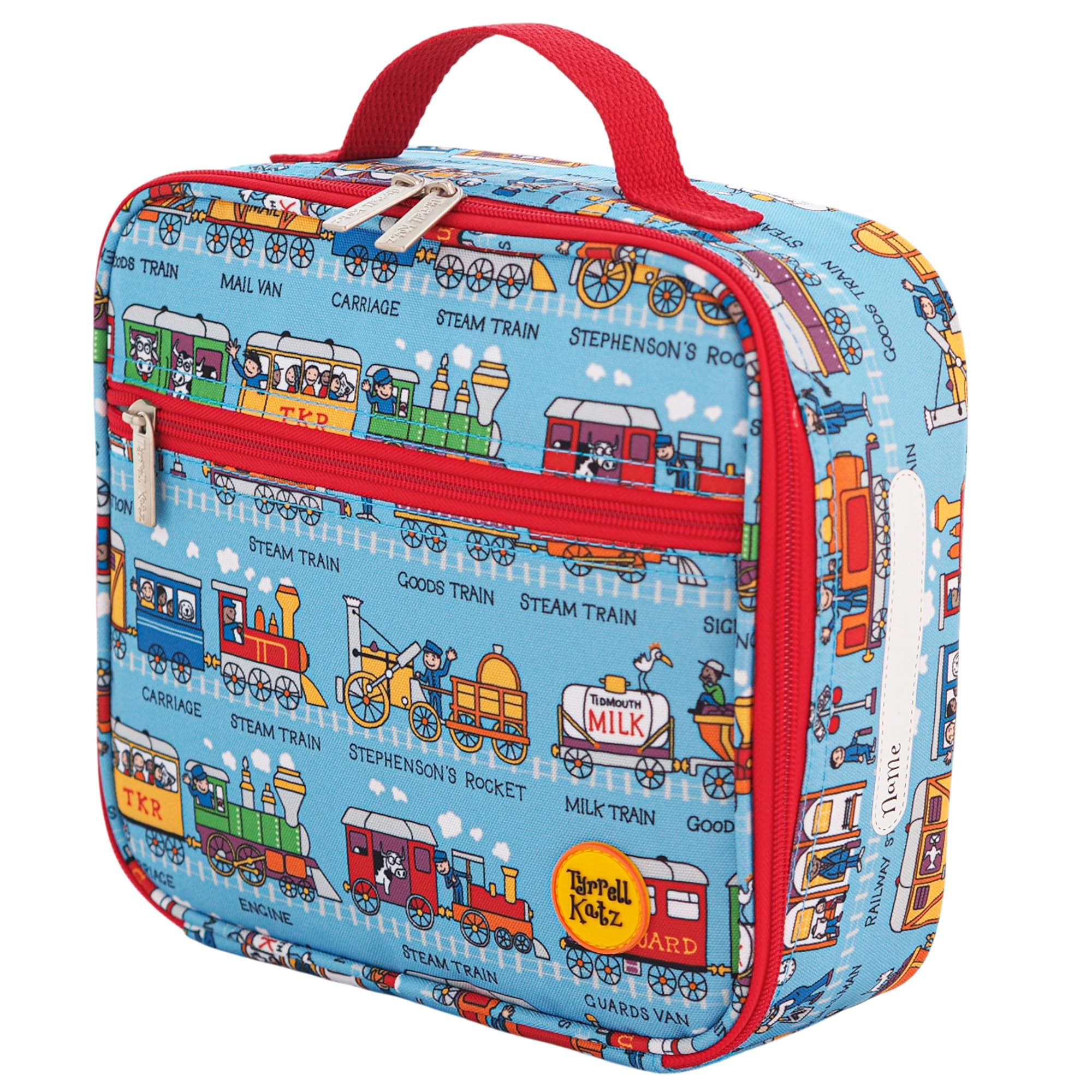 Tyrrell Katz Kids Insulated Trains Blue Printed Lunch Bag - Children's Zip Meal Bag with Carry Handle, Outer Front Pocket & Interior Mesh Pocket · Made from Recycled Fabric
