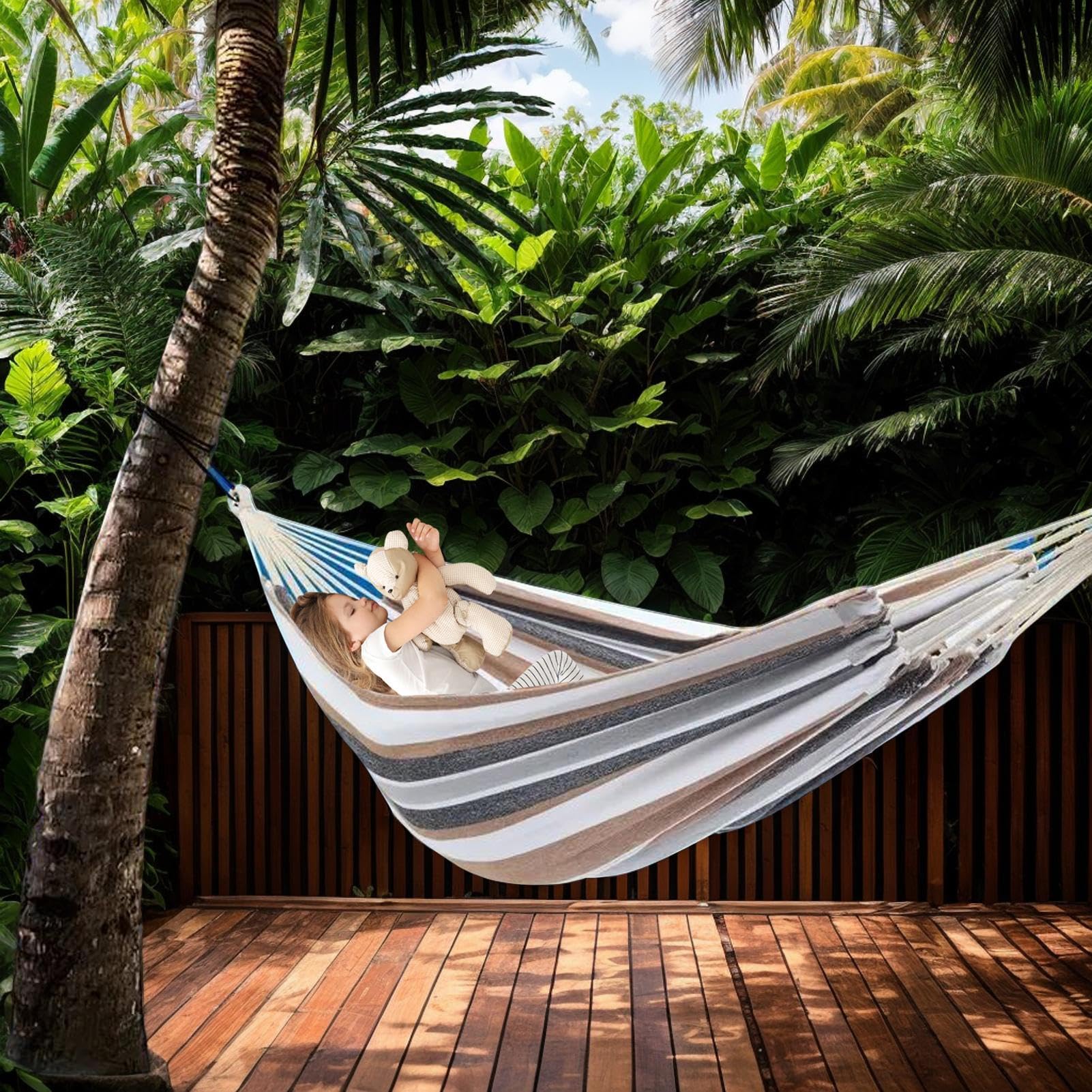 Hamac De Camping À Tissu Épaissi Robuste À Rayures, Facile À Transporter | Hamac de Plage Sac Organisateur Résistant Inclus pour Intérieur Extérieur Jardin Patio Plage Camping et Randonnée