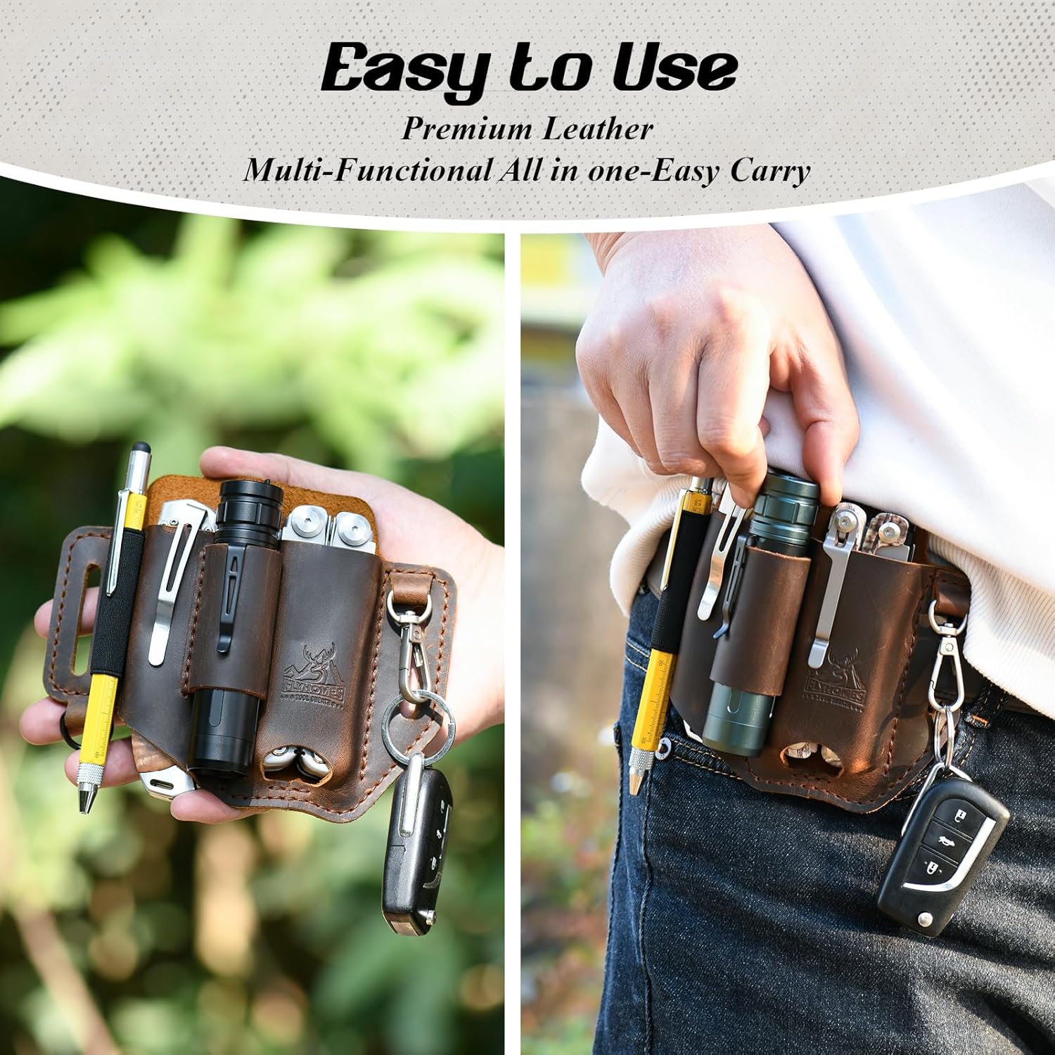 FLYHOMES Premium Full-Grain Genuine Cowhide Leather Multitool Sheath | Handmade Stitched Belt Organizer for Leatherman, Flashlight, Pen & EDC Tools | Multi-Tool Holster Pouch with Keychain Clip - Image 5