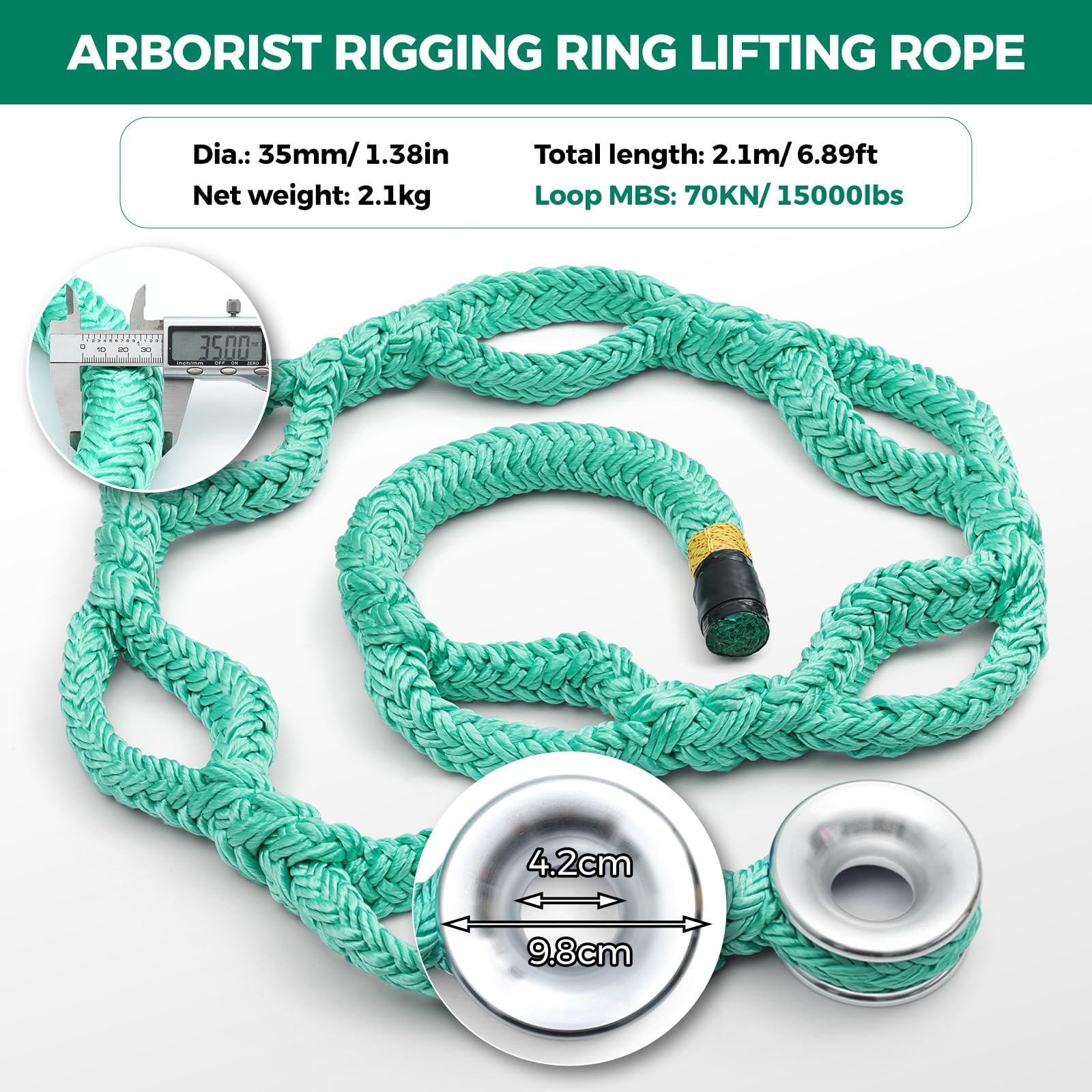 Hebeseil mit Ring für Baumpflegearbeiten, 3,5 cm x 210 cm, 70 kN,Aluminiumring mit 7 Verstelltaschen, robustes grünes Polyester,Reibungsarm Takeling-Ringschlingenseil für Baumarbeiten,Kronenanker