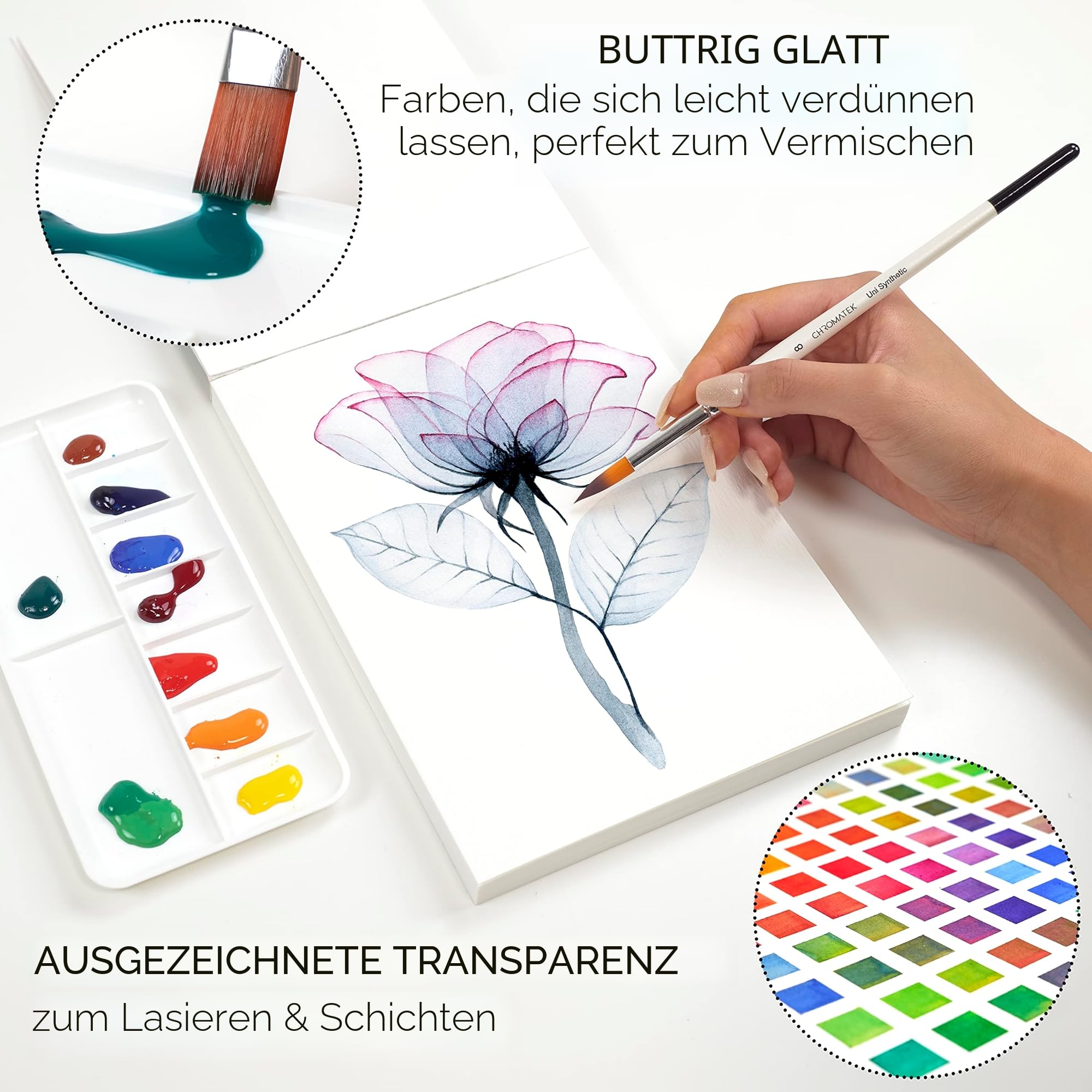 CHROMATEK Aquarellfarben-Set | 26 x 12 ml Tuben flüssige Wasserfarbe | 2 x professionelle Pinsel | reich pigmentierte, lebendige Farben | Malset für Erwachsene, Kinder, Anfänger und Künstler
