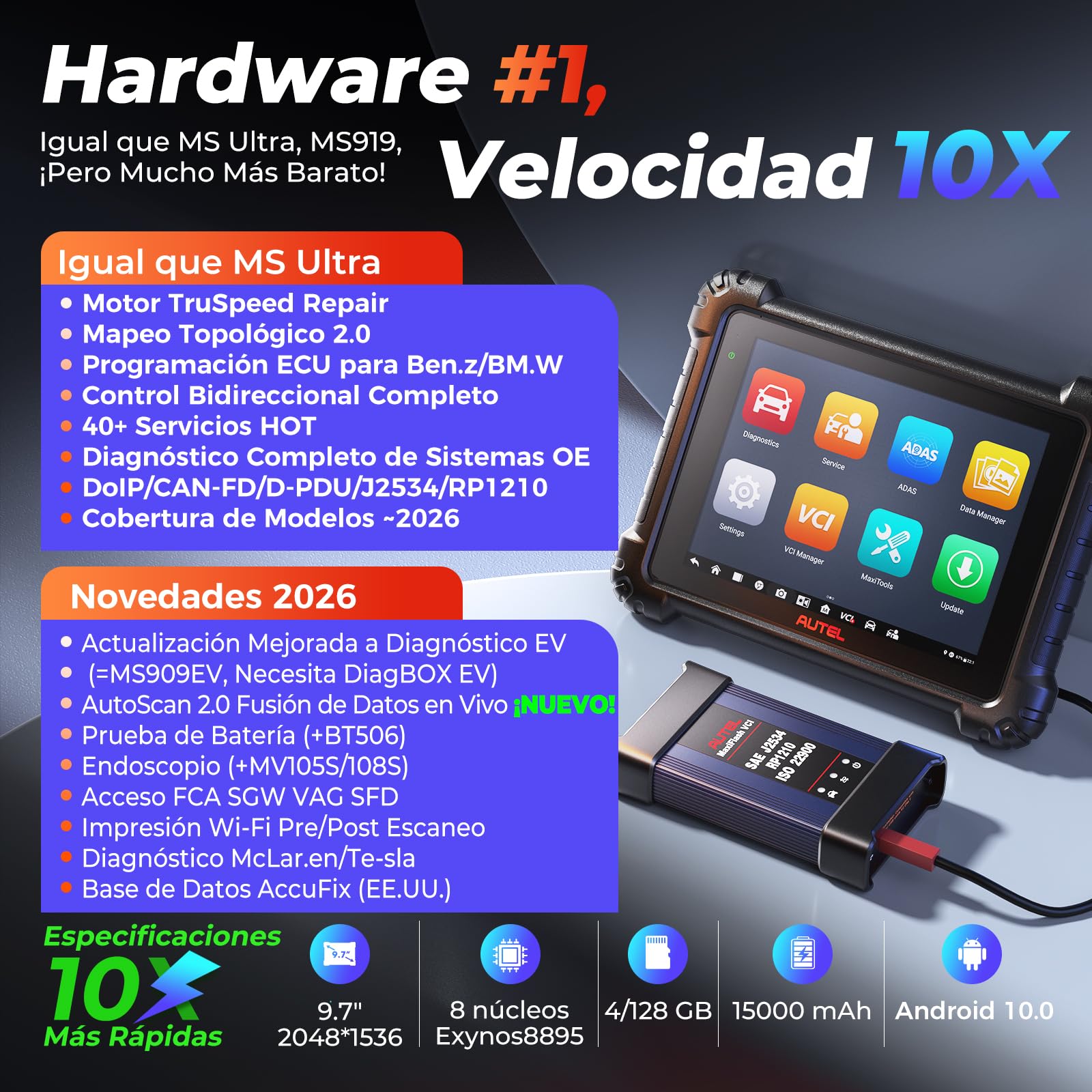 Autel MaxiSYS MS909 OBD2 Diagnosis Coche Multimarca,Inteligente | Actualización Elite II PRO/MS908S PRO II, programación ECU J2534, 40+ servicios, 3000+ pruebas activas, CAN FD DoIP