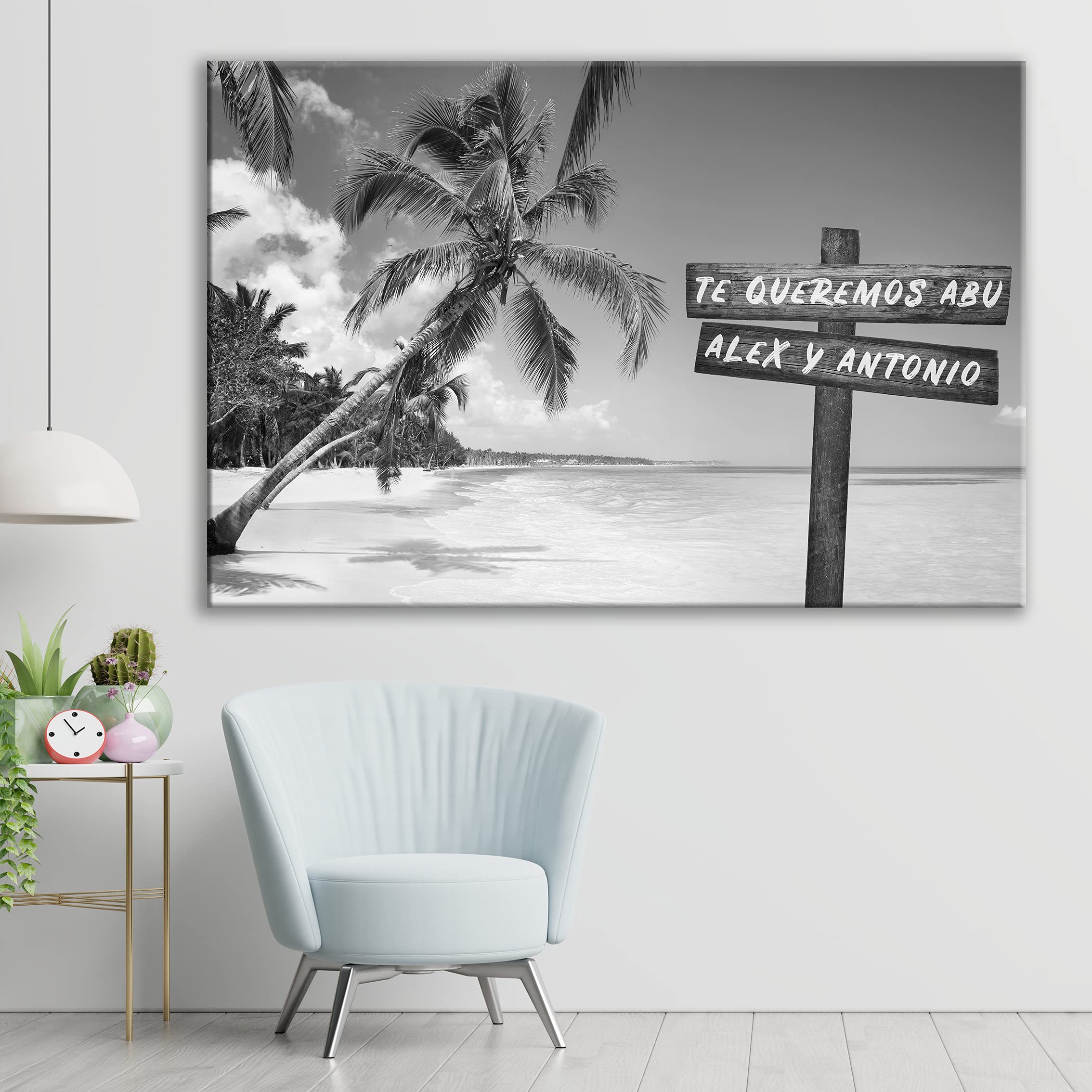 ORIGINALOOPS.COM Cuadro lienzo paisaje, personalizado con tu texto, nombres, fechas, declaraciones, frases... (Playa Blanco y Negro, 120x80)