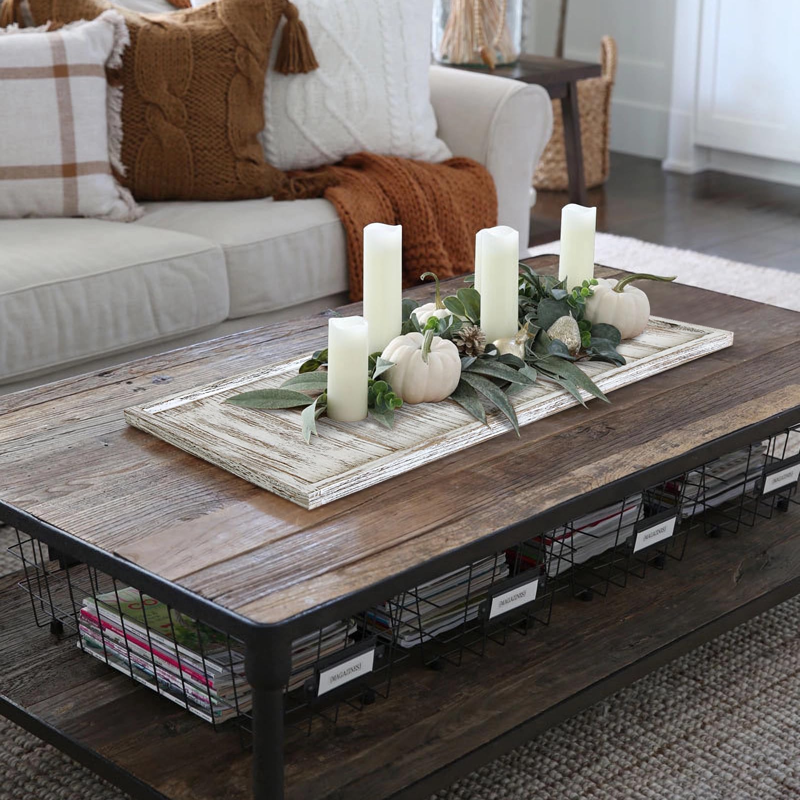 Gurfuy Bandeja rectangular otomana extragrande de 40 x 20 pulgadas, bandeja de madera rústica para servir de granja, bandejas decorativas de gran tamaño, mesa de café, sala de estar, cocina, mostrador