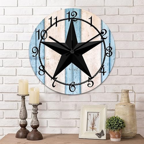 Reloj de pared redondo de 10 pulgadas con estrella del oeste de Texas reloj de pared clásico de madera sin tictac funciona con pilas silencioso con