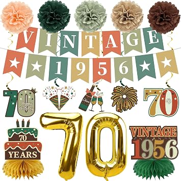 Kuxriox 14Pcs 70th Birthday Decorations Kit for Men Women, Green Gold Happy 70th Birthday Banner and Foil Balloons, Vintage 1956 Bday Honeycomb Cenerpieces Swirls Paper Pompom Party Supplies