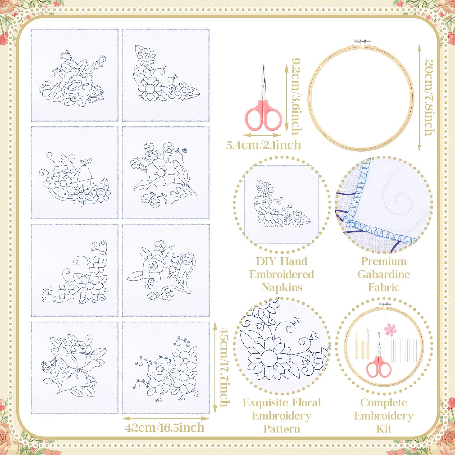 Tioncy 8 Sets Mexican Embroidery Napkins Kit 17.7 x 16.5 Inch Servilletas Para Bordar a Mano Including Mexican Napkin Bamboo Hoop Color Threads and Needles for Beginner Adult DIY Hand Craft Lover Gift