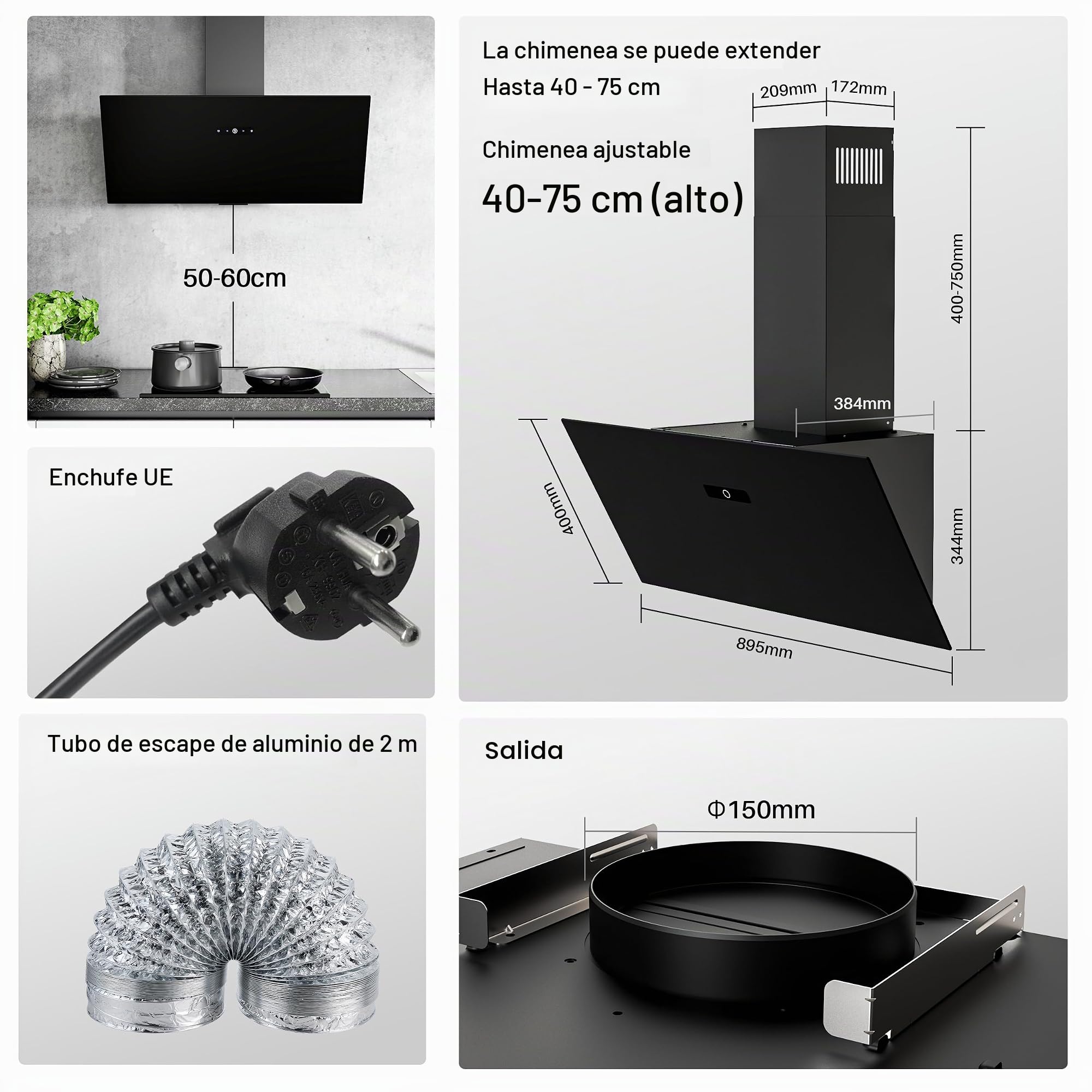 FIREGAS Campana extractora 90 cm, Extractor inclinado, Motor sin escobillas, 594m³/h, LEDs, Recirculante y Extracción, Filtro de carbón incluido - Ideal para cocinas familiares