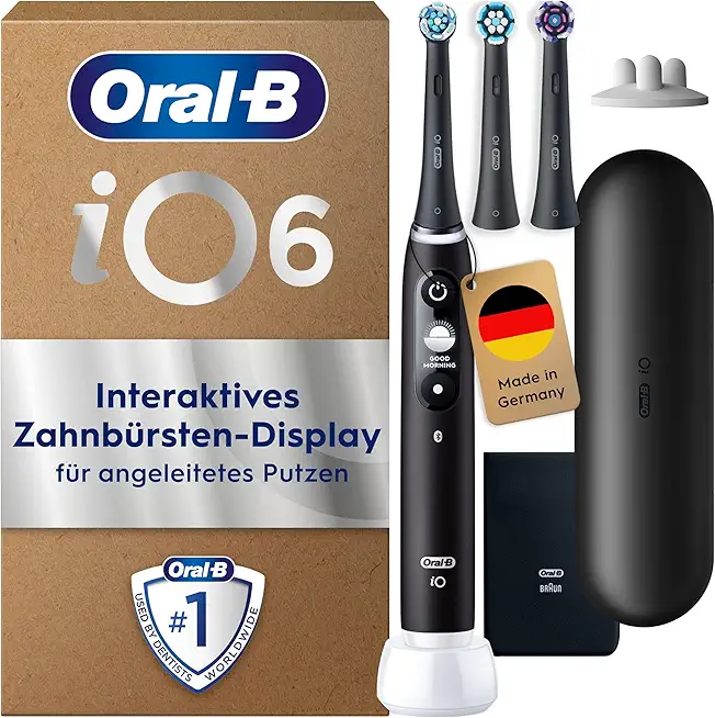 Oral-B iO Series 6 Plus Edition Elektrische Zahnbürste/Electric Toothbrush, PLUS 3 Aufsteckbürsten, 5 Putzmodi für Zahnpflege, Reiseetui, Designed by Braun, Schwarz