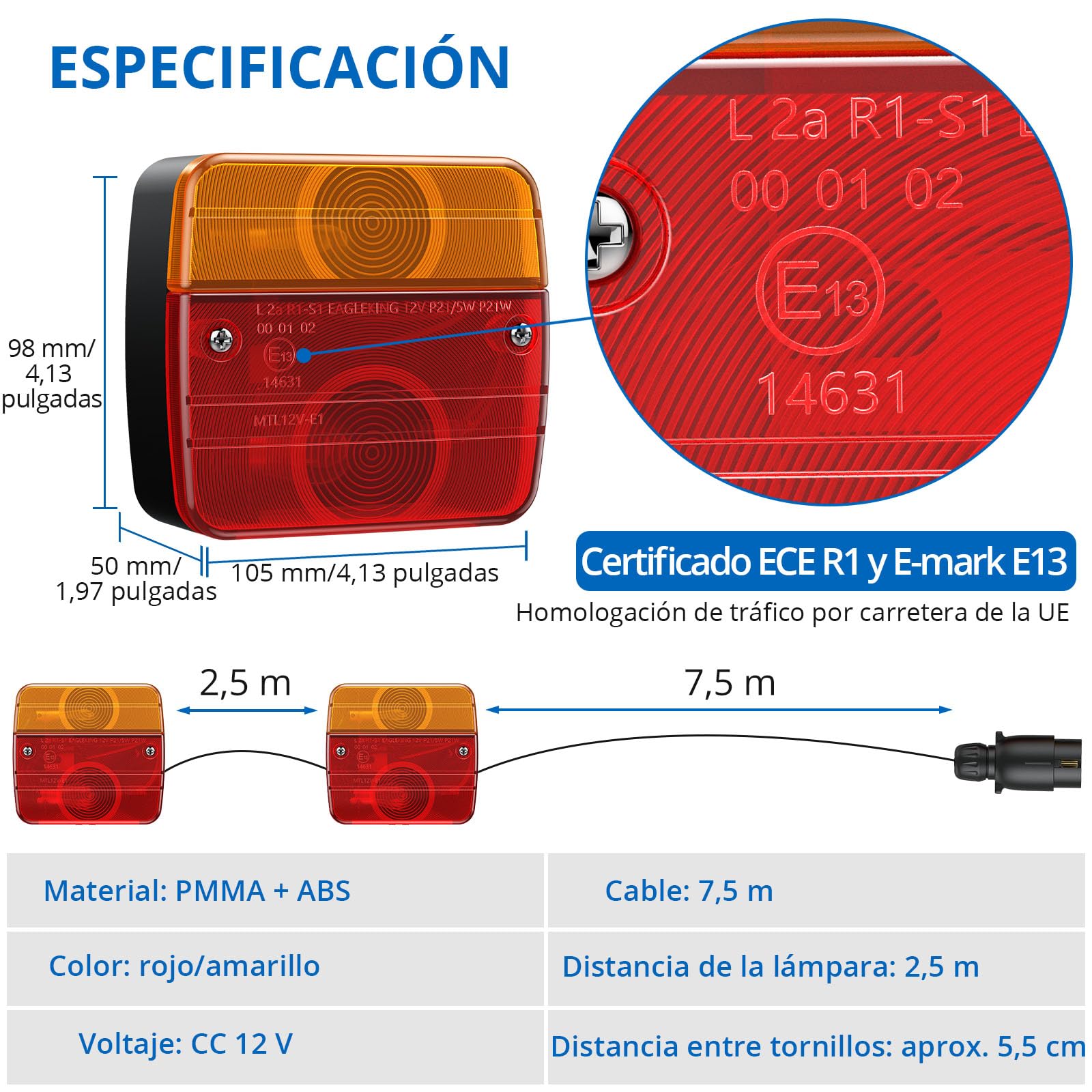 Luz de advertencia 40LEDs 7 Modos + pilotos traseros remolque E13