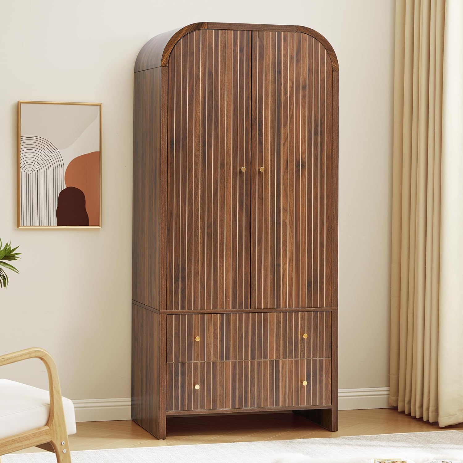 LEVNARY Arched Armoire Wardrobe Closet: Mid-Century Modern 2-Door Freestanding with Fluted Doors, Hanging Rod & 2 Drawers - Walnut Bedroom Storage