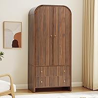 LEVNARY Arched Armoire Wardrobe Closet: Mid-Century Modern 2-Door Freestanding with Fluted Doors, Hanging Rod & 2 Drawers - Walnut Bedroom Storage