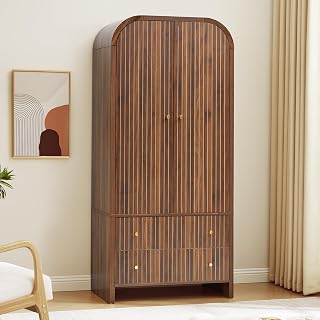 LEVNARY Arched Armoire Wardrobe Closet: Mid-Century Modern 2-Door Freestanding with Fluted Doors, Hanging Rod & 2 Drawers - Walnut Bedroom Storage