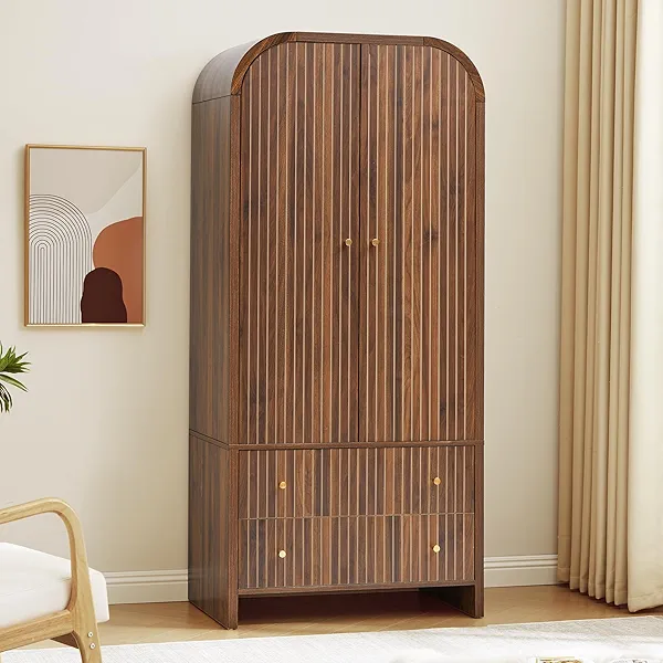 LEVNARY Arched Armoire Wardrobe Closet, Mid-Century Modern 2-Door Freestanding Wardrobe with Hanging Rod and 2 Drawers, Fluted Carved Clothing Storage Cabinet for Bedroom (Walnut)