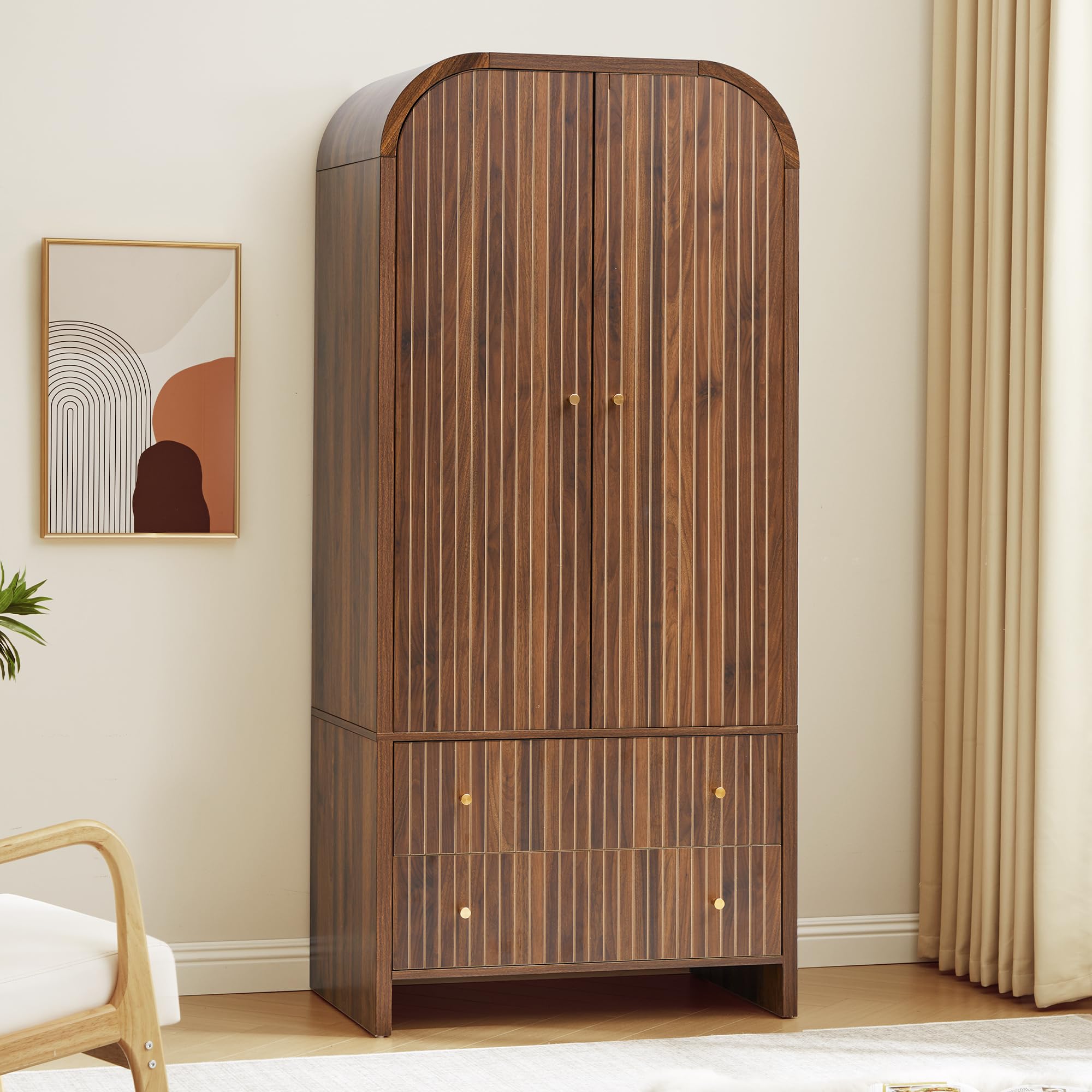 LEVNARY Arched Armoire Wardrobe Closet Mid Century Walnut