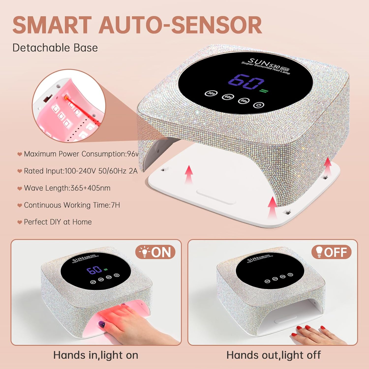 UV Nail Lamp 96W Rechargeable Gel Curing Lamp, Cordless Nail Dryer Gel Polish Light with Large LCD Display, with 3 Timer Setting Auto Sensor for Salon and Home (AB Diamond)