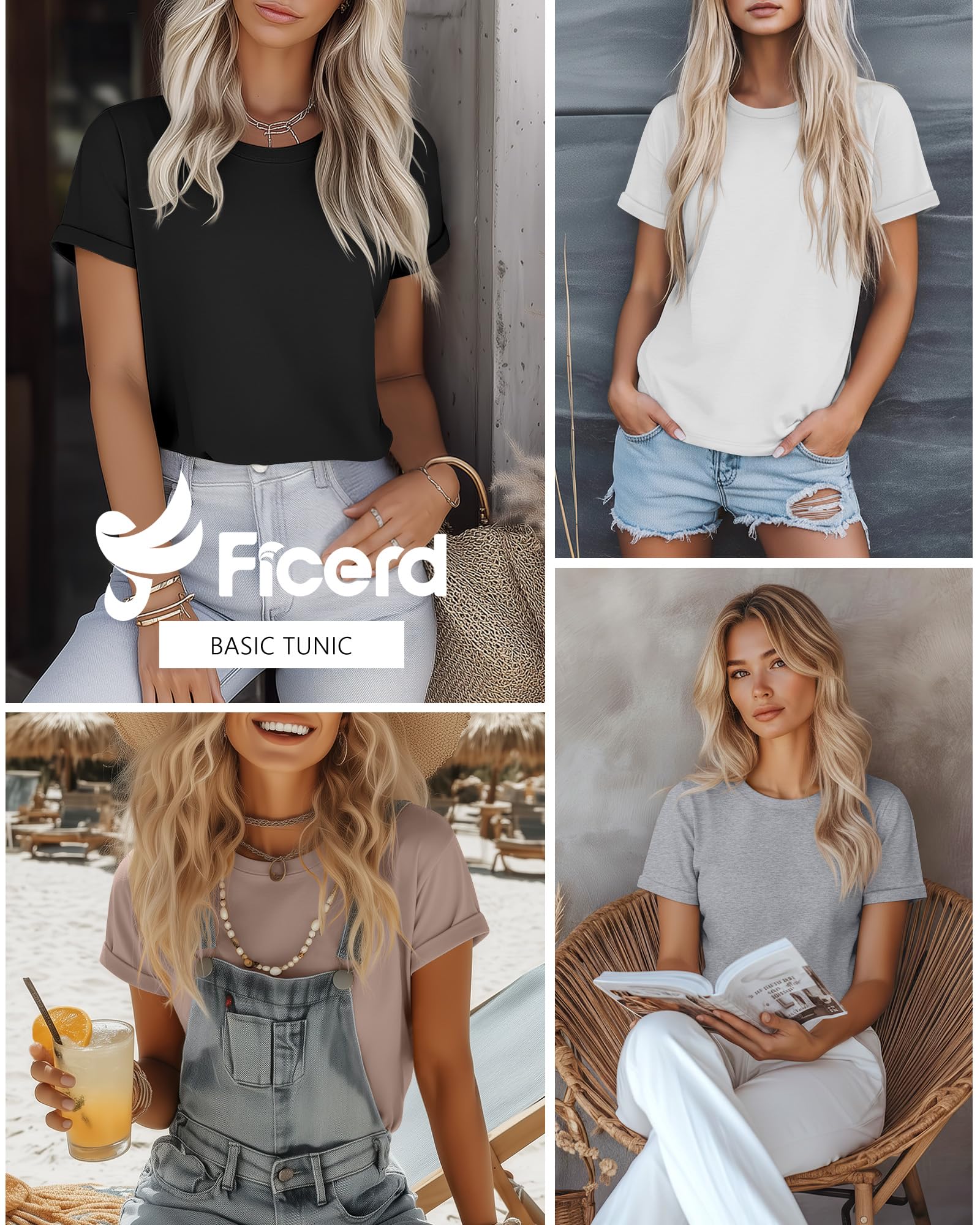 Ficerd Lot de 4 T-Shirts en Coton pour Femme Manches Courtes Col Rond Coupe Ample Style Basique Idéal pour l'Été