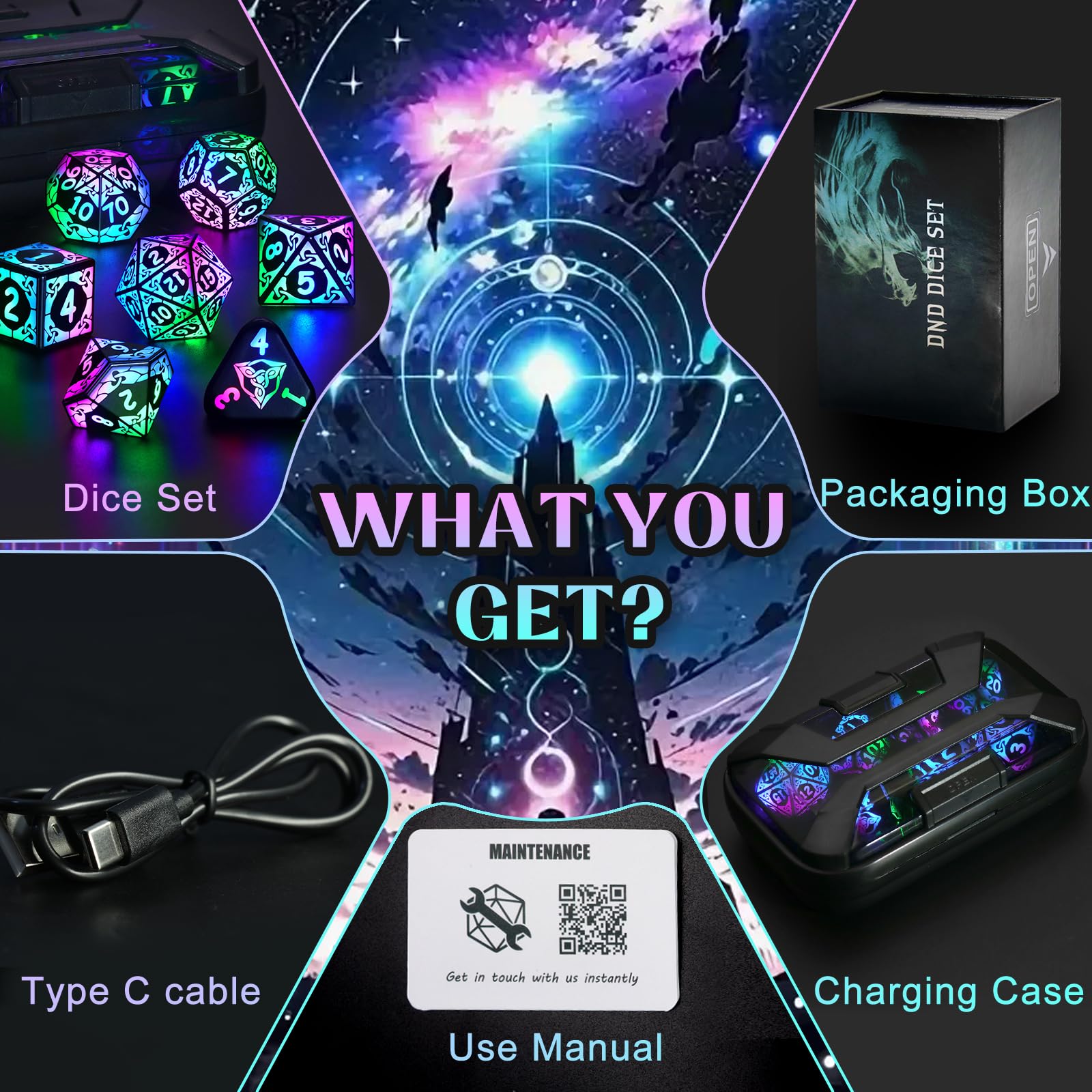 Set Dadi D&D per Dungeons and Dragons Dadi DND Luminosi Ricaricabili con Scatola di Ricarica Dadi Poliedrici LED Dice DND Dice Set (Colorful-Shackles)