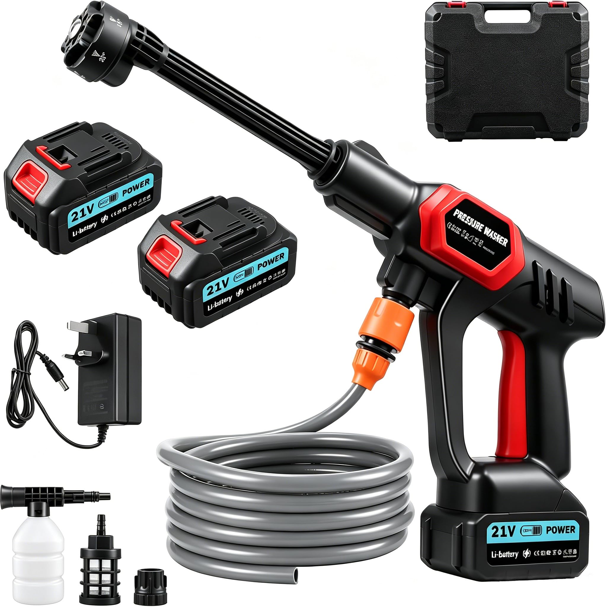 Cordless Pressure Washer,21V Handheld Pressure Washer Kit,80 Bar/ 1160 PSI Portable Power Washer,6-in-1 Adjustable Nozzle,5m Hose,Fast Charger,2 * 3.0Ah Battery,for Patio,Car,Cleaning Floors