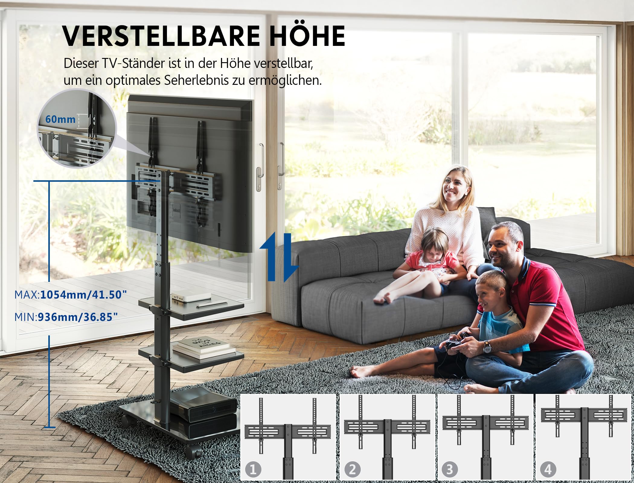 FITUEYES TV Ständer Rollbar TV Rollwagen 3 Ablagen Standfuß 